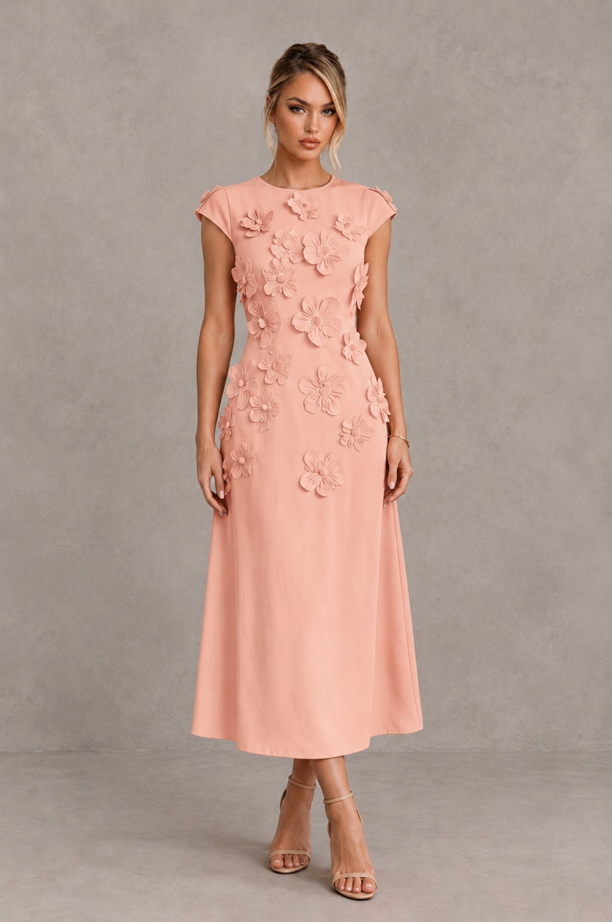 BOLODOO Peach 3D Floral Cap Sleeve Midi Cocktail Dress - Peach - Peach_1