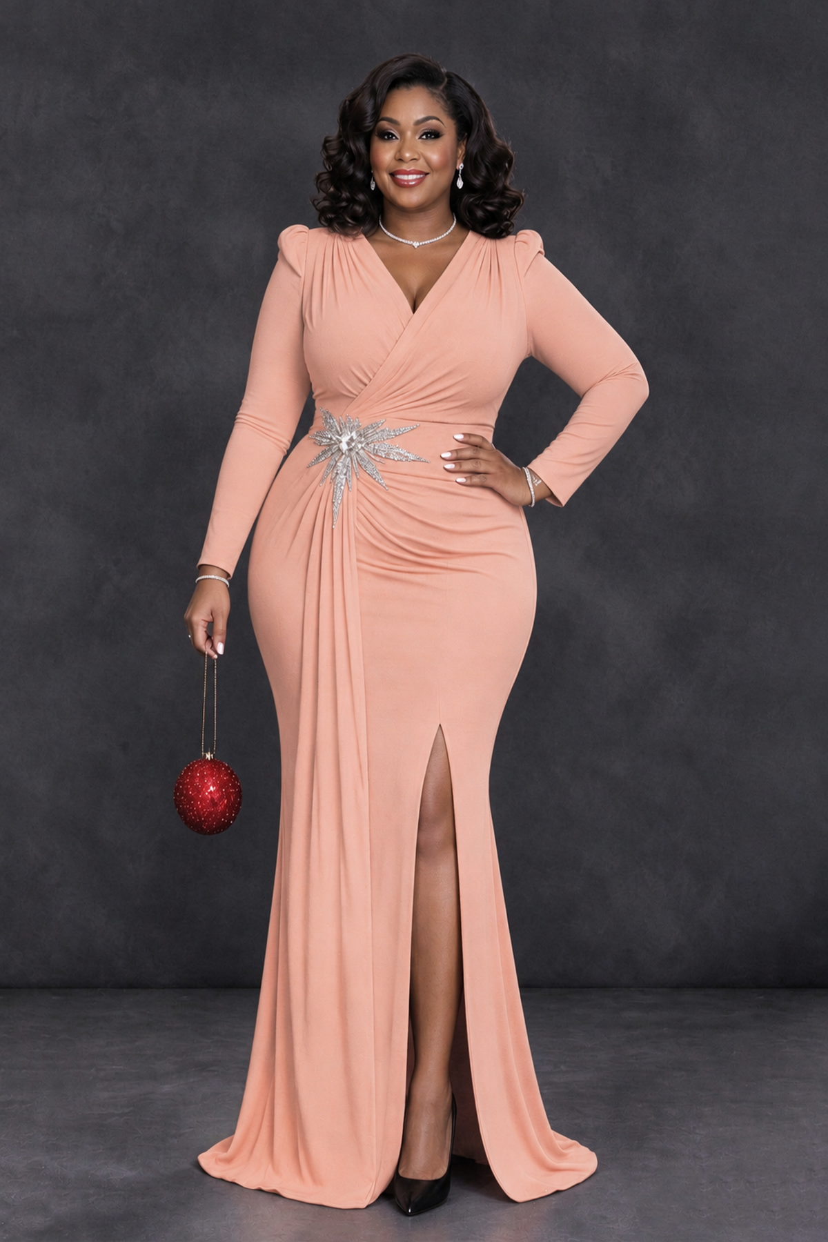 BOLODOO Peach Plus Size Long Sleeve V-Neck Mother of the Bride Dress with Slit - Peach - Peach_1