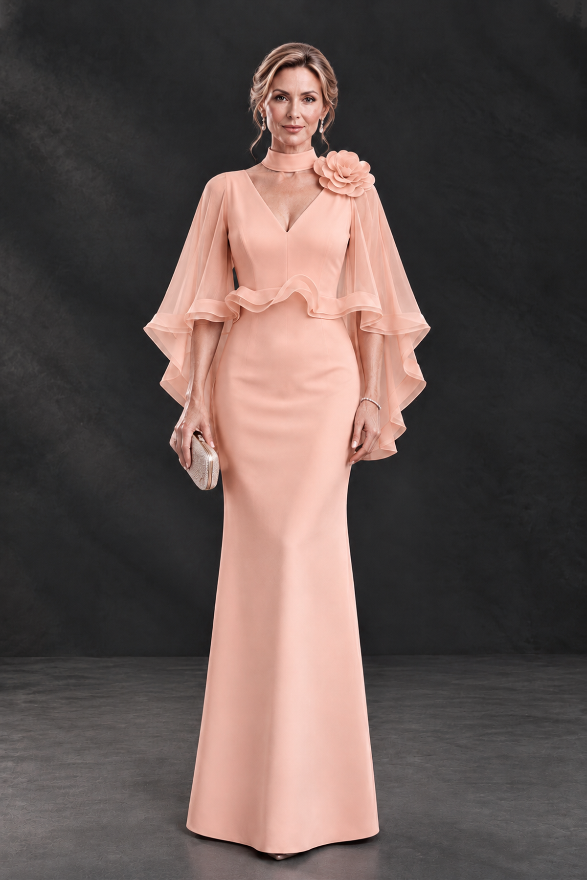 BOLODOO Peach Floral Cape Sleeve Mother of the Bride Dress - Peach - Peach_1