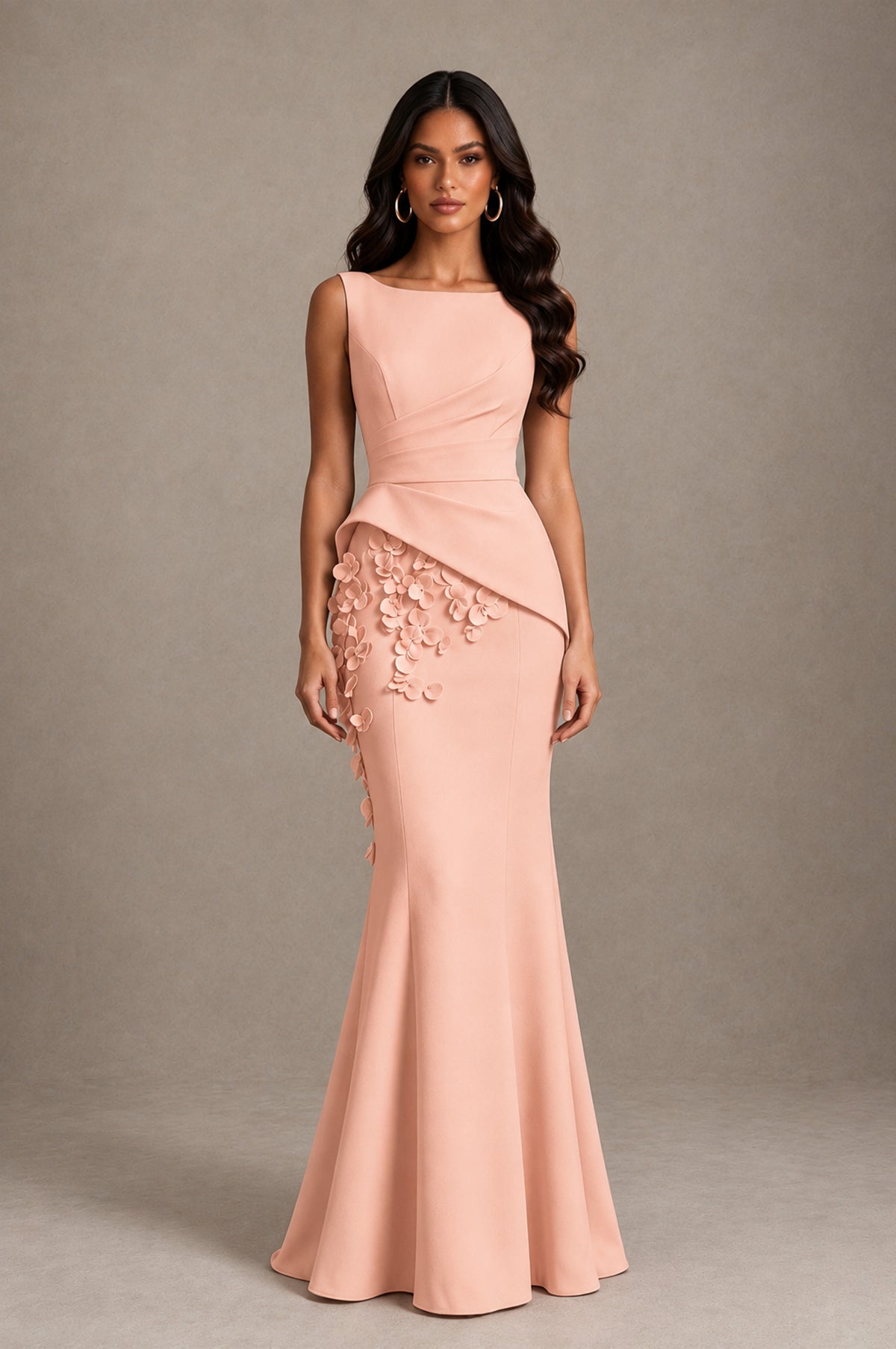 BOLODOO Peach Bateau Neck Sleeveless Asymmetric Peplum 3D Petal Appliqué Mermaid Gown BD0421 - Peach - Peach_1