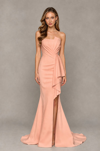 BOLODOO Peach Strapless Mermaid Evening Dress with Ruffle Slit and Train - Peach - Peach_1