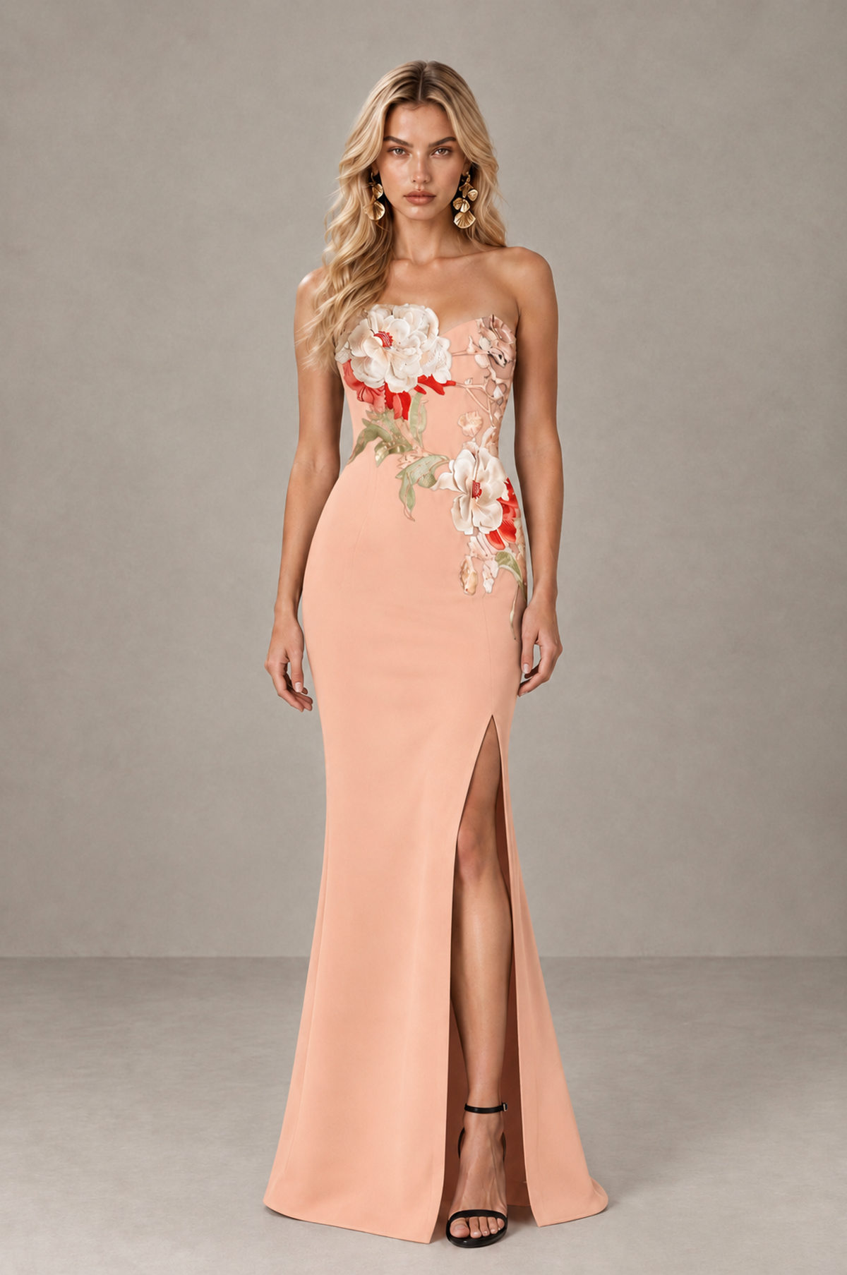 BOLODOO Peach Strapless Floral Mermaid Evening Dress with Slit - Peach - Peach_1