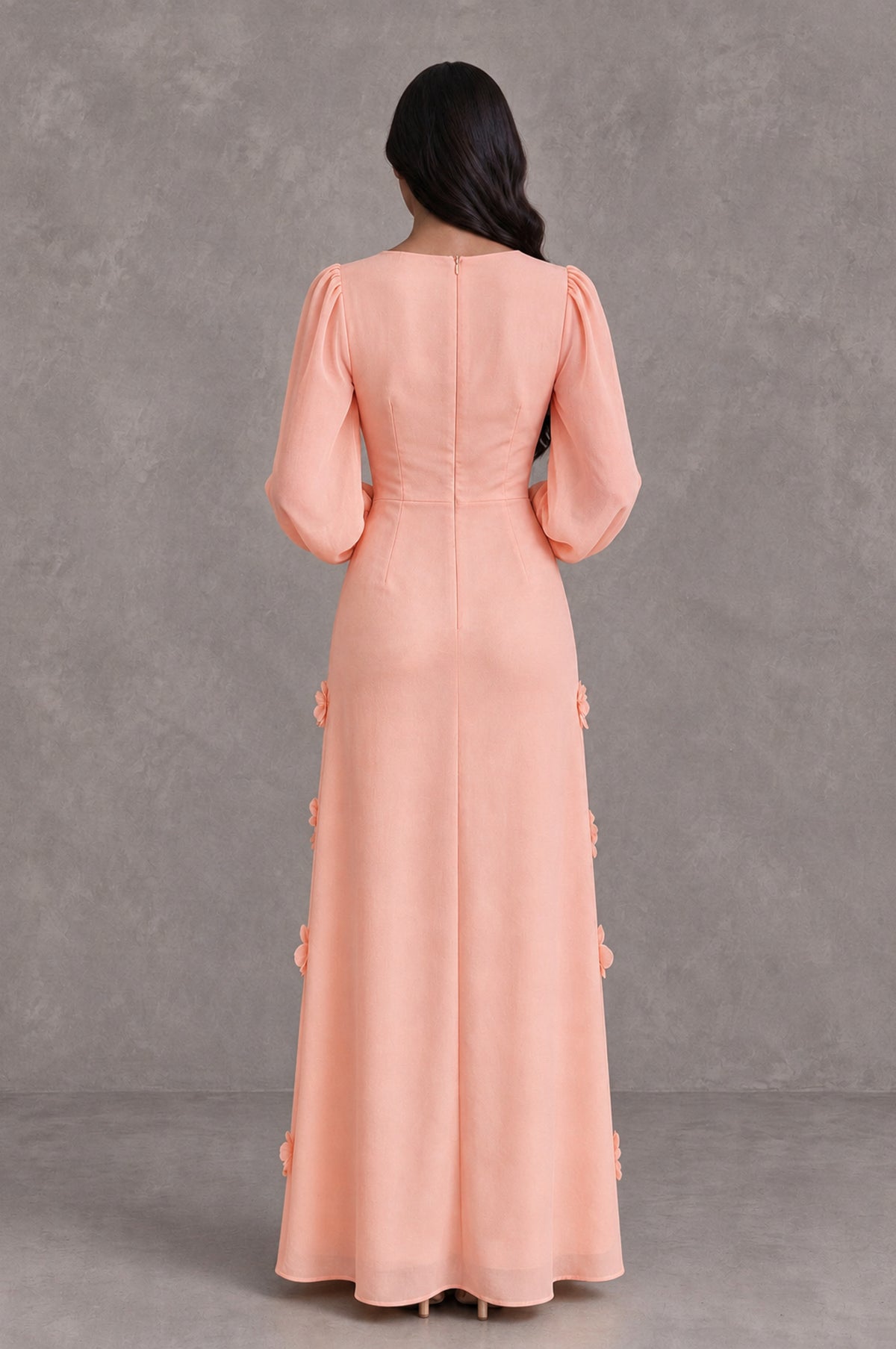 BOLODOO Peach Long Sleeve Floral Applique A-Line Evening Dress - Peach - Peach_2