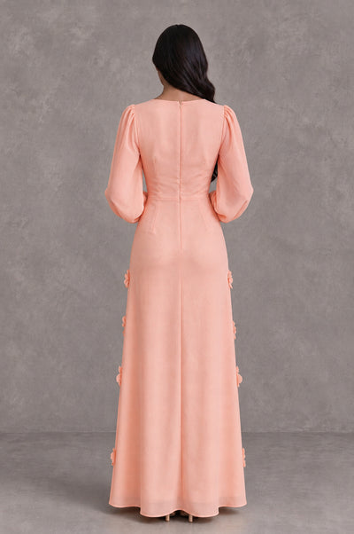 BOLODOO Peach Long Sleeve Floral Applique A-Line Evening Dress - Peach - Peach_2