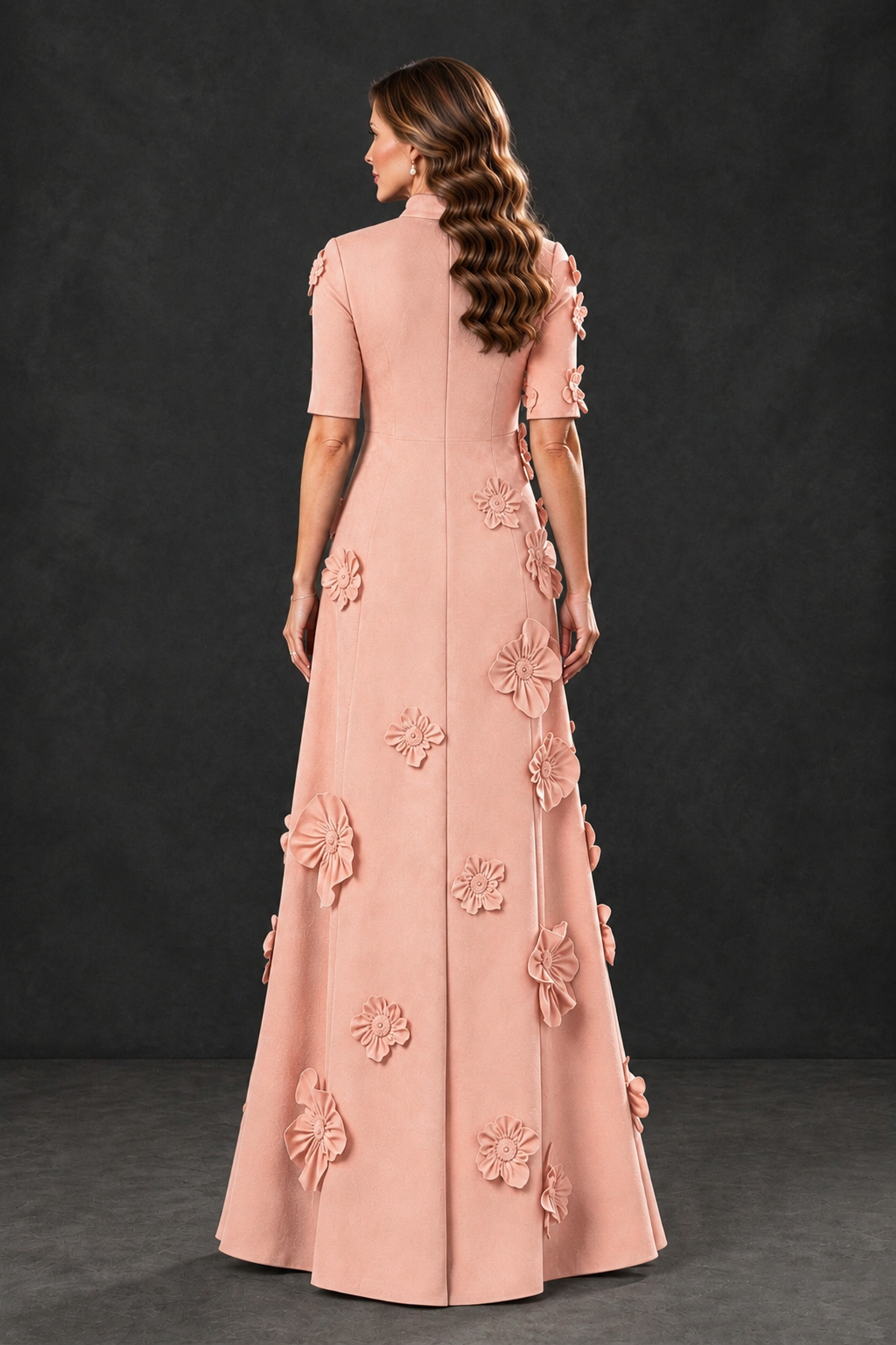 BOLODOO Peach Floral Applique High-Neck Half-Sleeve Gown - Peach - Peach_2