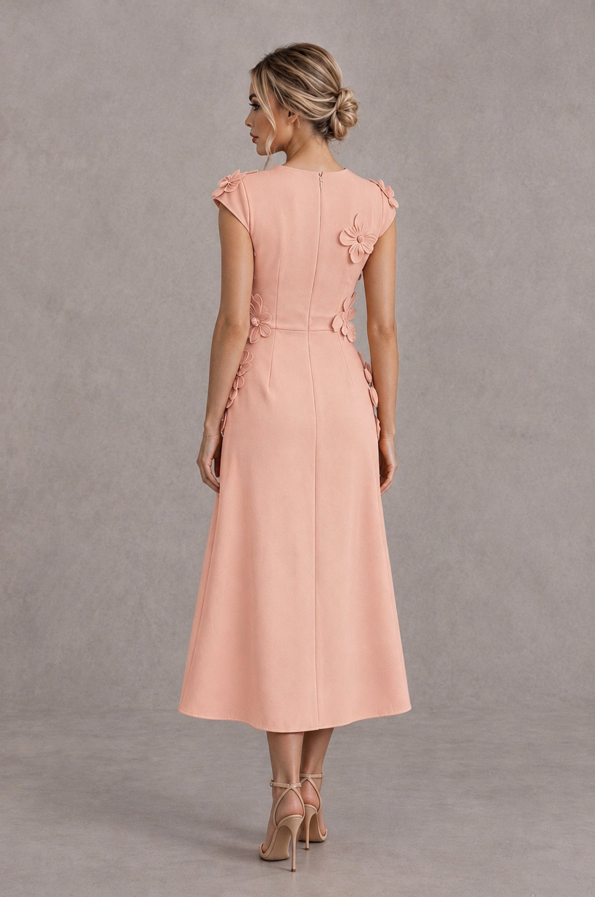 BOLODOO Peach 3D Floral Cap Sleeve Midi Cocktail Dress - Peach - Peach_2