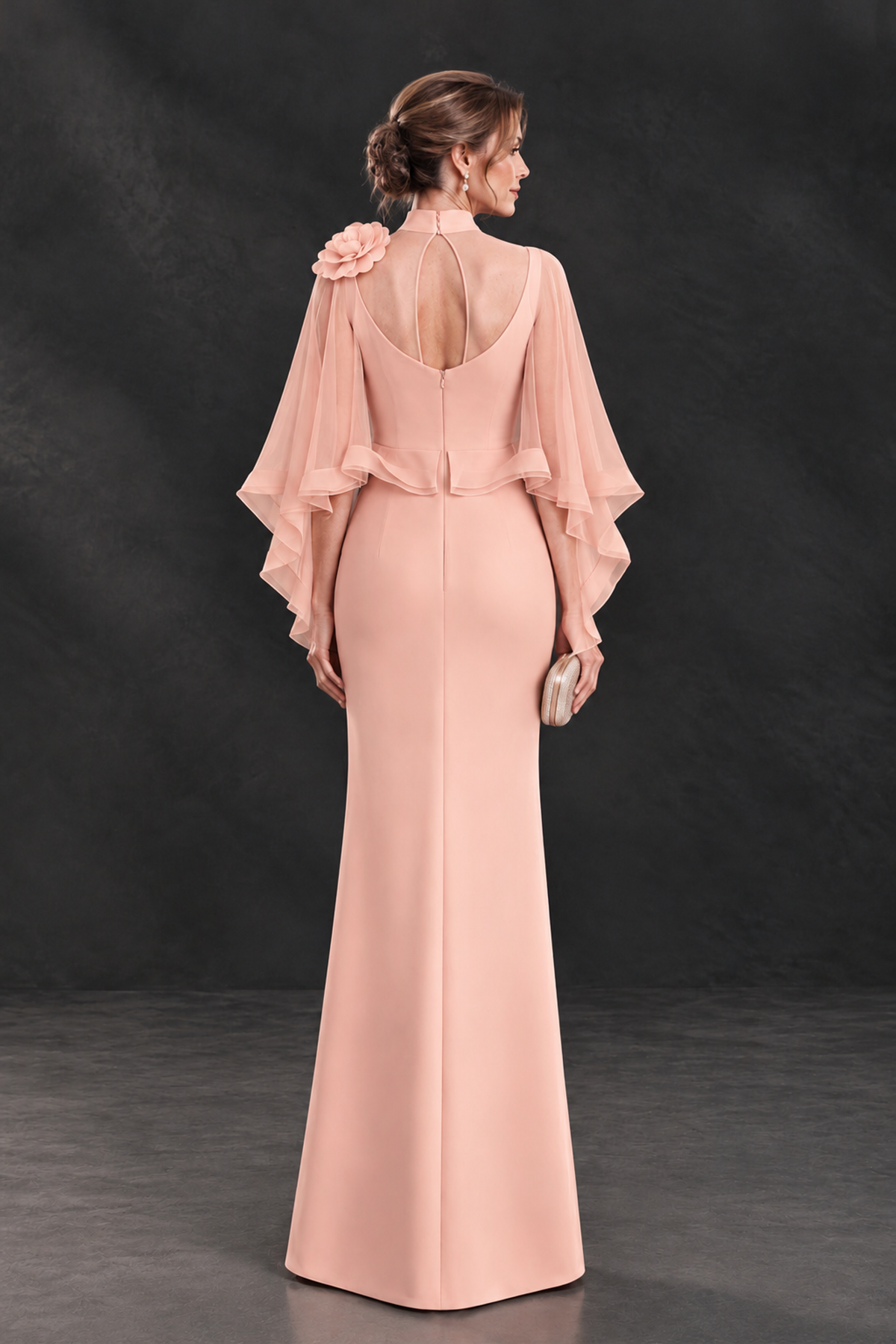 BOLODOO Peach Floral Cape Sleeve Mother of the Bride Dress - Peach - Peach_2