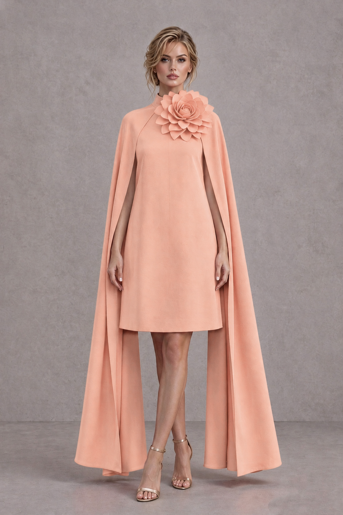BOLODOO Peach High Neck Floral Cape Mini Cocktail Dress - Peach - Peach_2