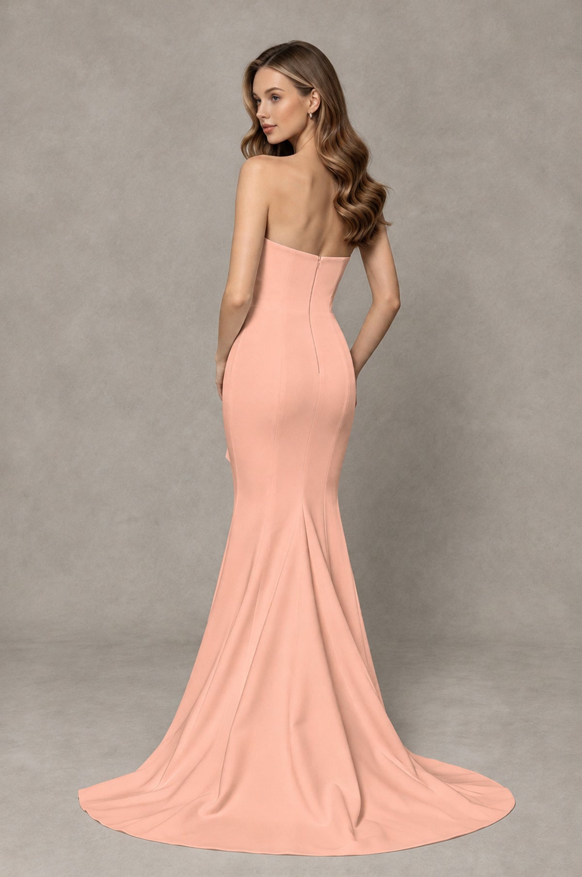 BOLODOO Peach Strapless Mermaid Evening Dress with Ruffle Slit and Train - Peach - Peach_2