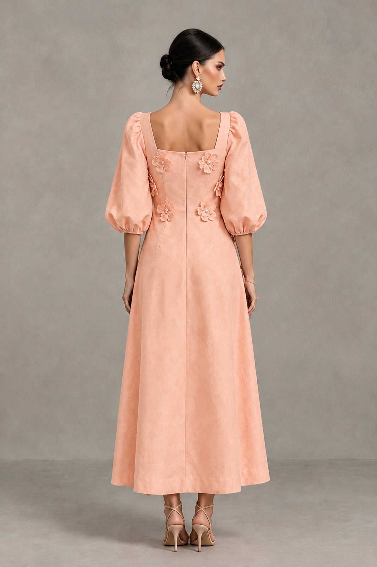 BOLODOO Peach 3D Floral Puff Sleeve Midi Cocktail Dress - Peach - Peach_2
