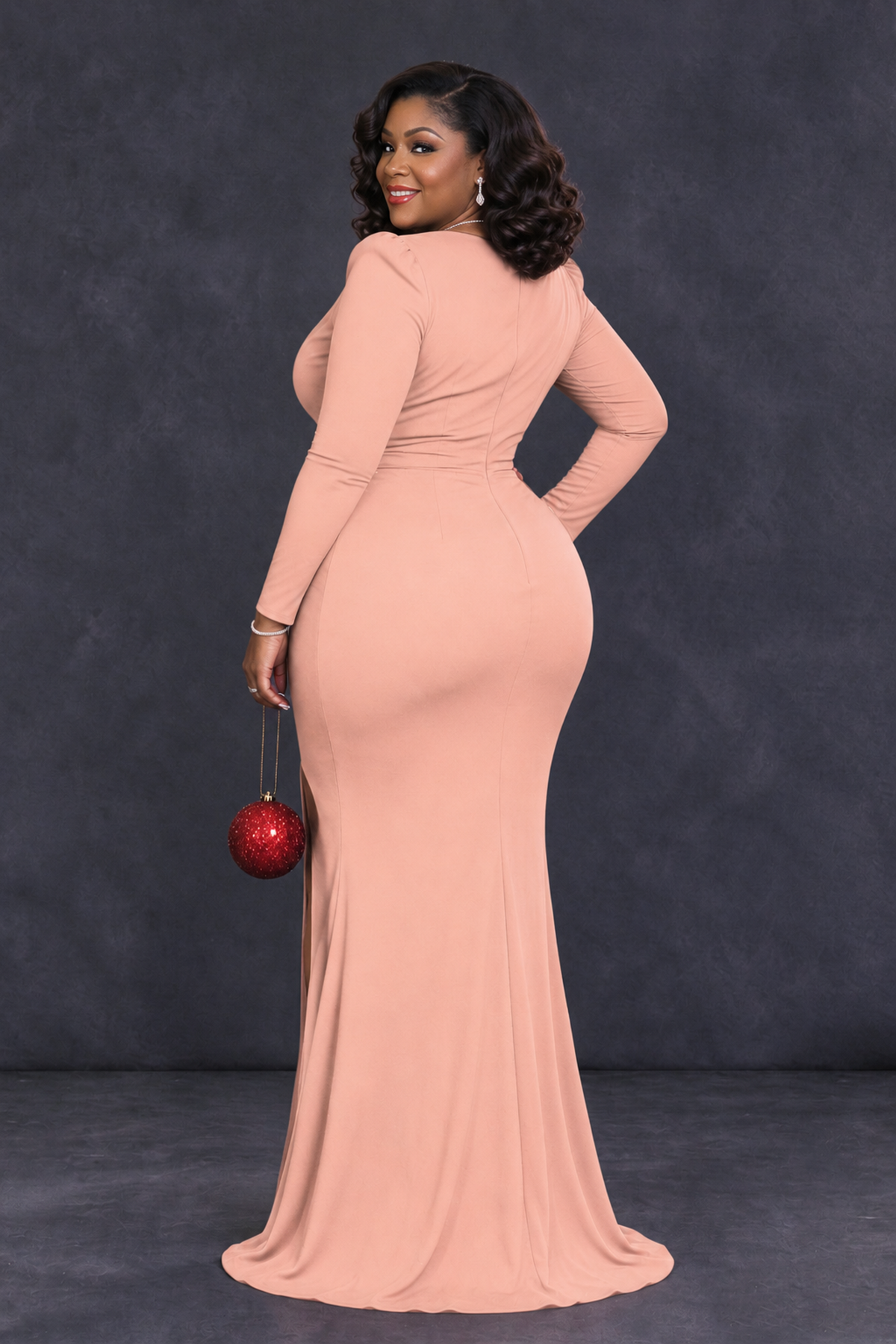 BOLODOO Peach Plus Size Long Sleeve V-Neck Mother of the Bride Dress with Slit - Peach - Peach_2