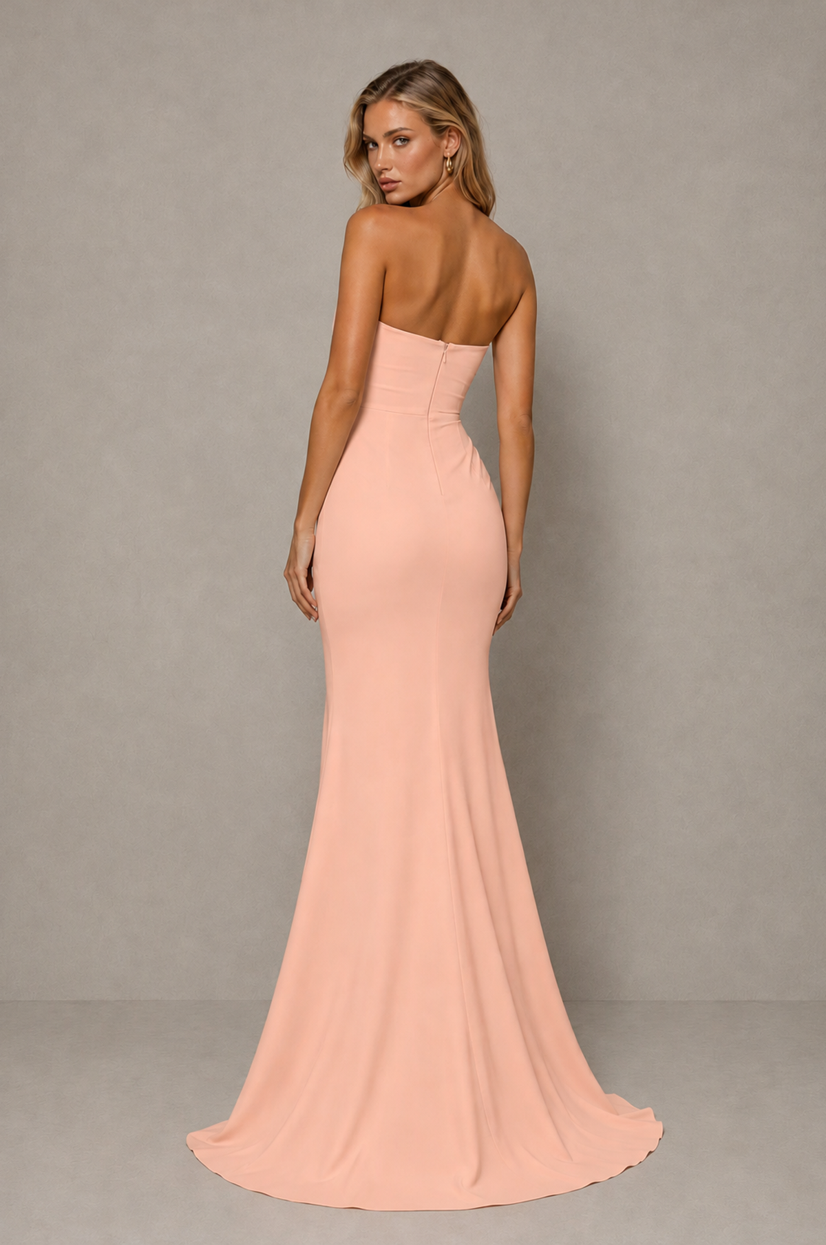 BOLODOO Peach Strapless Sweetheart Ruched Mermaid Gown | Cascade Drape Formal Evening Dress - Peach - Peach_2