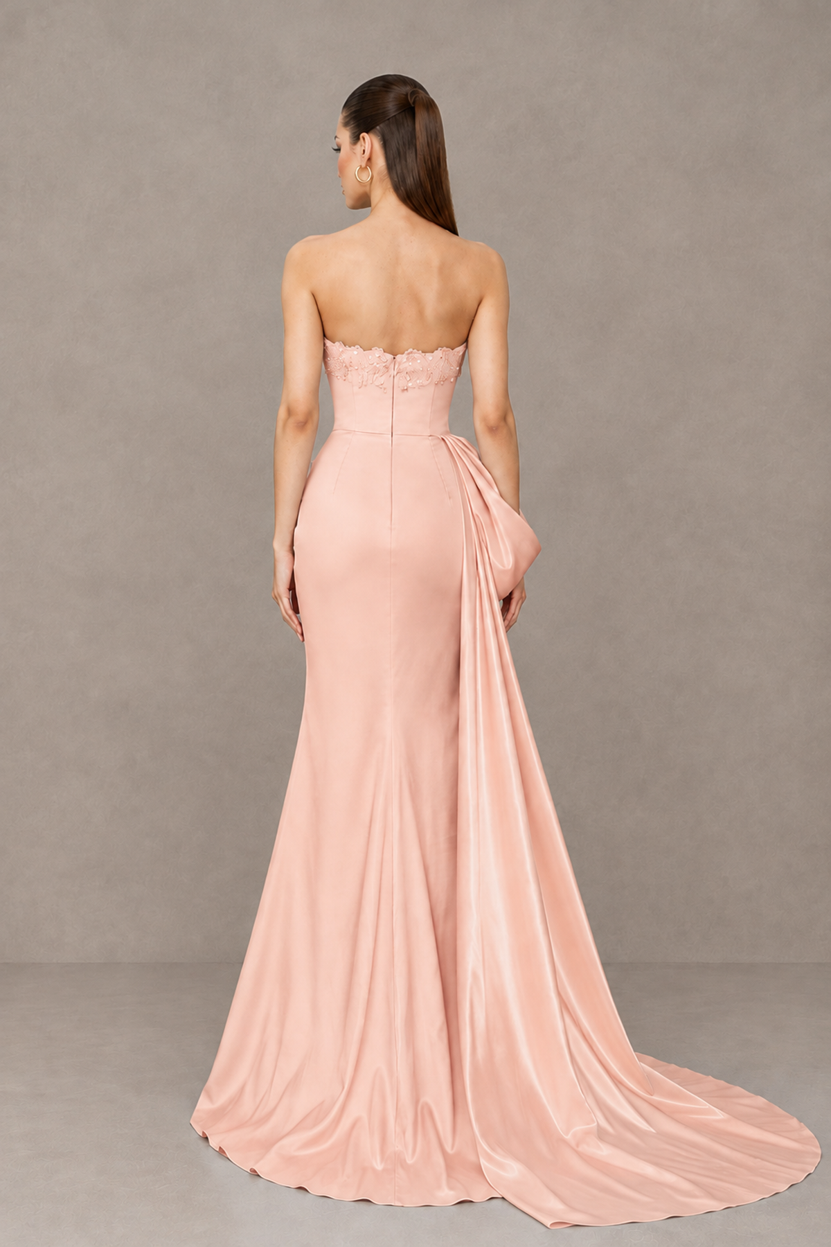 BOLODOO Peach Strapless Satin Prom Dress with Draped Side Train - Peach - Peach_2