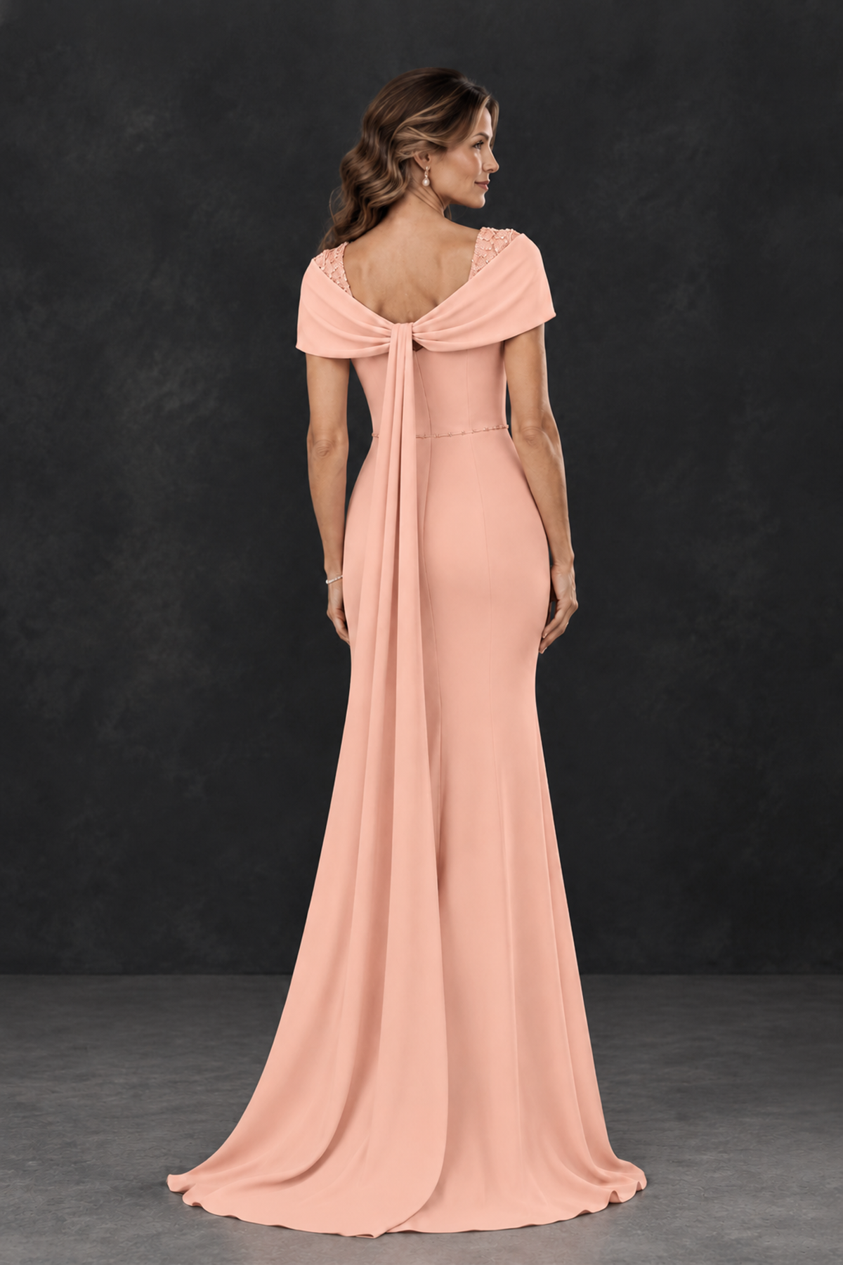 BOLODOO Peach Mother of the Bride Dress with Draped Cape Detail - Peach - Peach_2