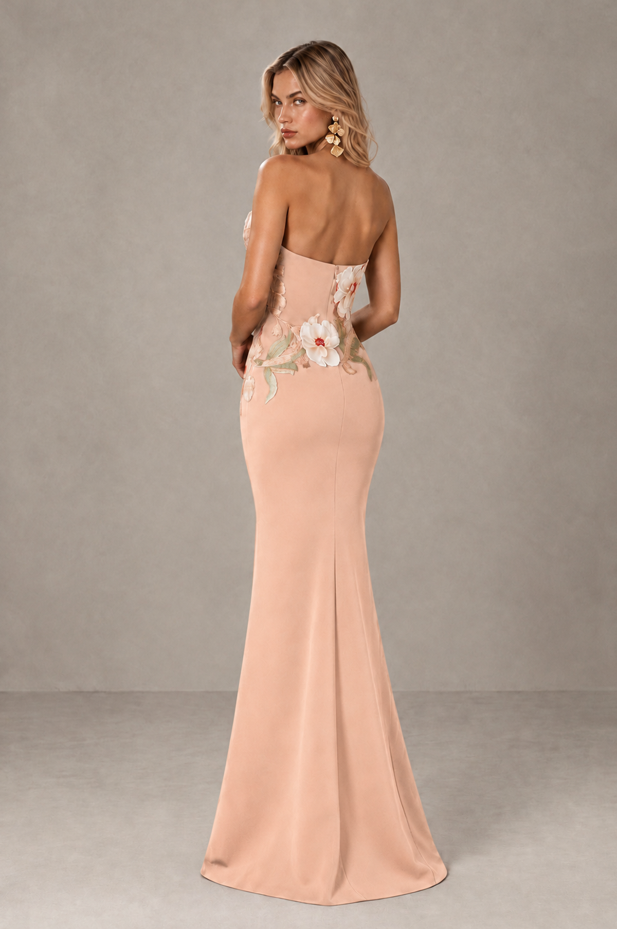 BOLODOO Peach Strapless Floral Mermaid Evening Dress with Slit - Peach - Peach_2