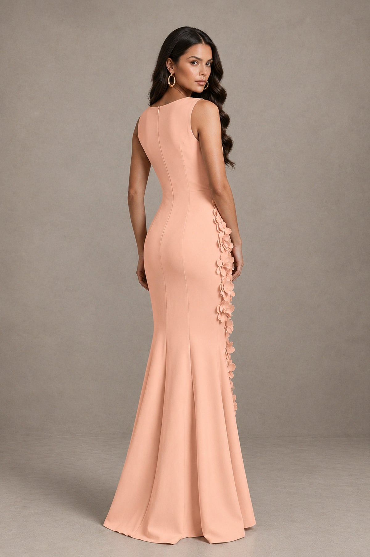BOLODOO Peach Bateau Neck Sleeveless Asymmetric Peplum 3D Petal Appliqué Mermaid Gown BD0421 - Peach - Peach_2