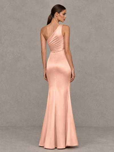 BOLODOO Peach One-Shoulder Ruched Satin-Look Evening Gown with High Slit - Peach - Peach_2