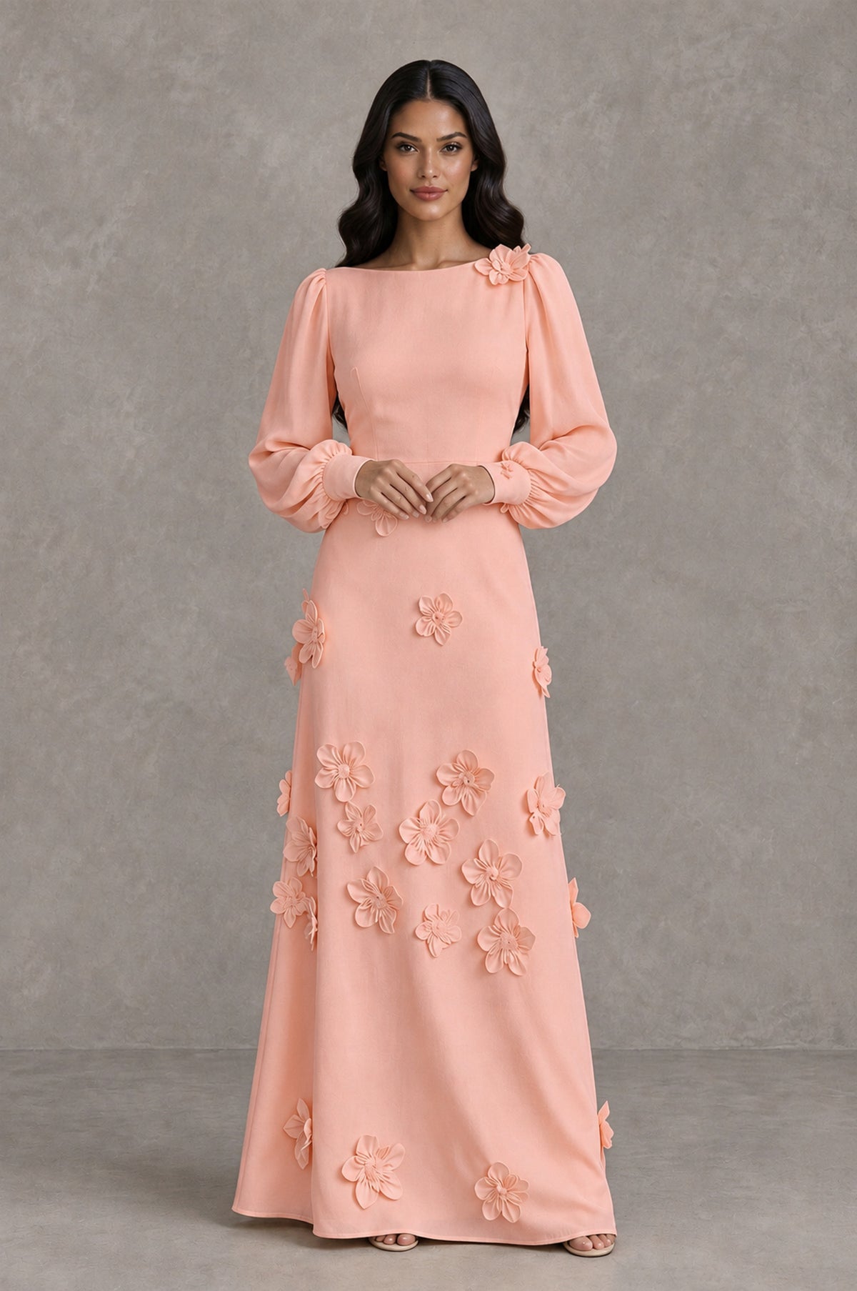 BOLODOO Peach Long Sleeve Floral Applique A-Line Evening Dress - Peach - Peach_3