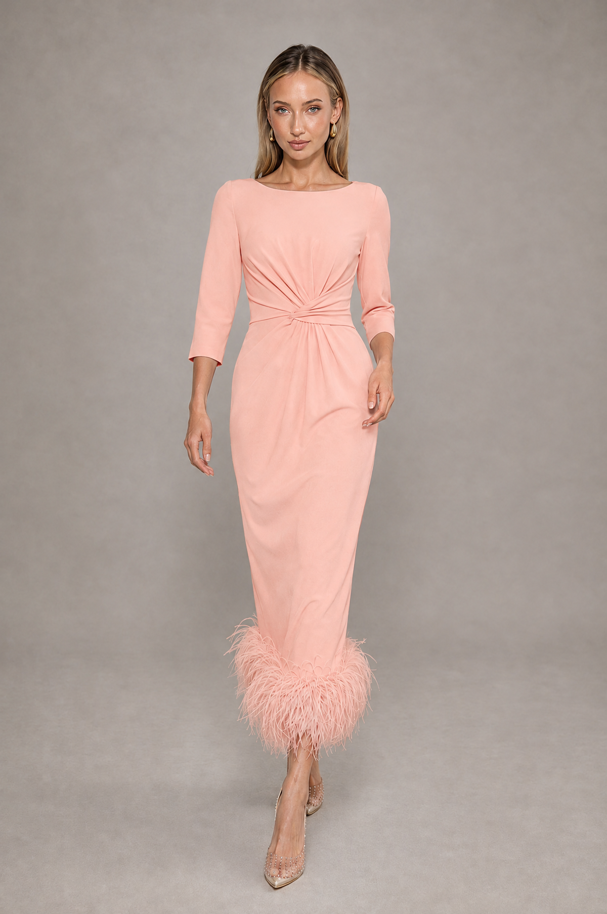 BOLODOO Peach Feather-Trim Twist-Waist Midi Dress - Peach - Peach_3