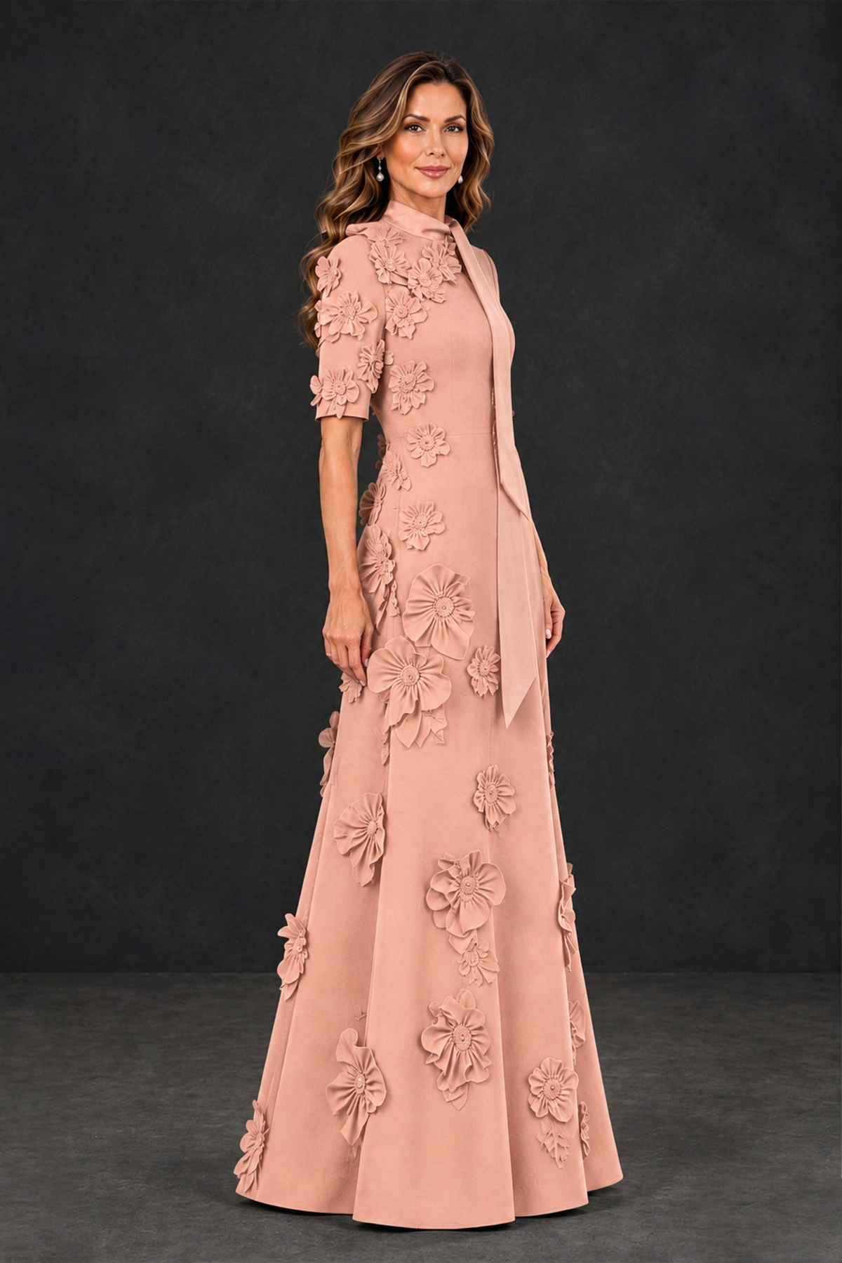 BOLODOO Peach Floral Applique High-Neck Half-Sleeve Gown - Peach - Peach_3