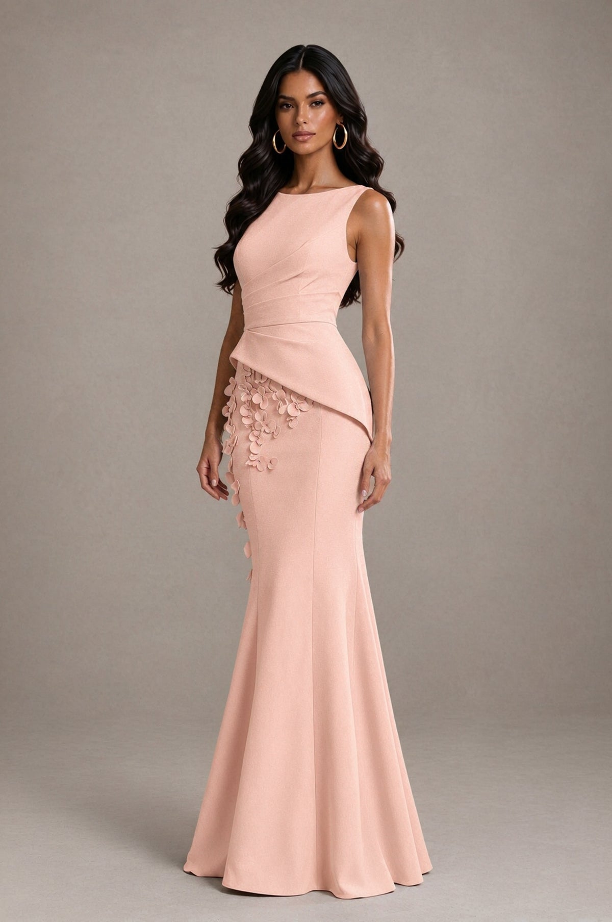 BOLODOO Peach Bateau Neck Sleeveless Asymmetric Peplum 3D Petal Appliqué Mermaid Gown BD0421 - Peach - Peach_3