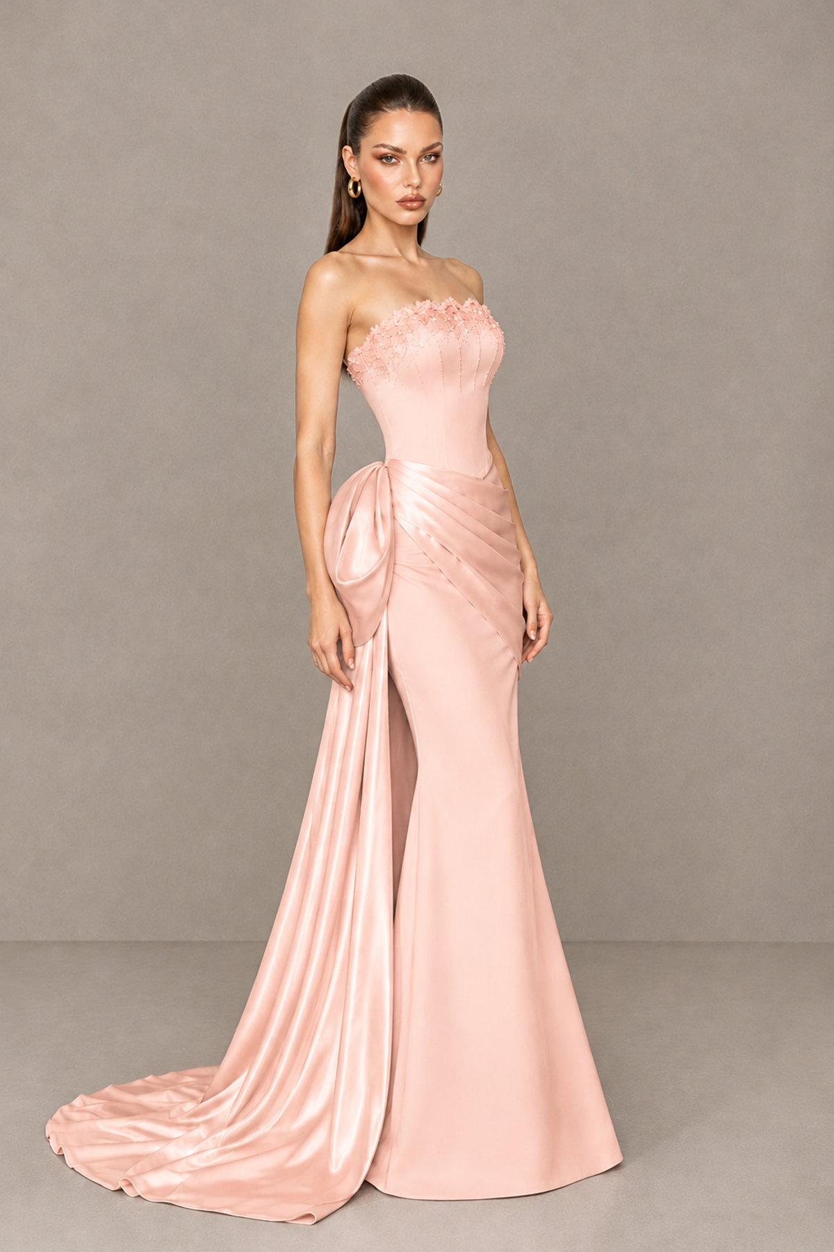 BOLODOO Peach Strapless Satin Prom Dress with Draped Side Train - Peach - Peach_3