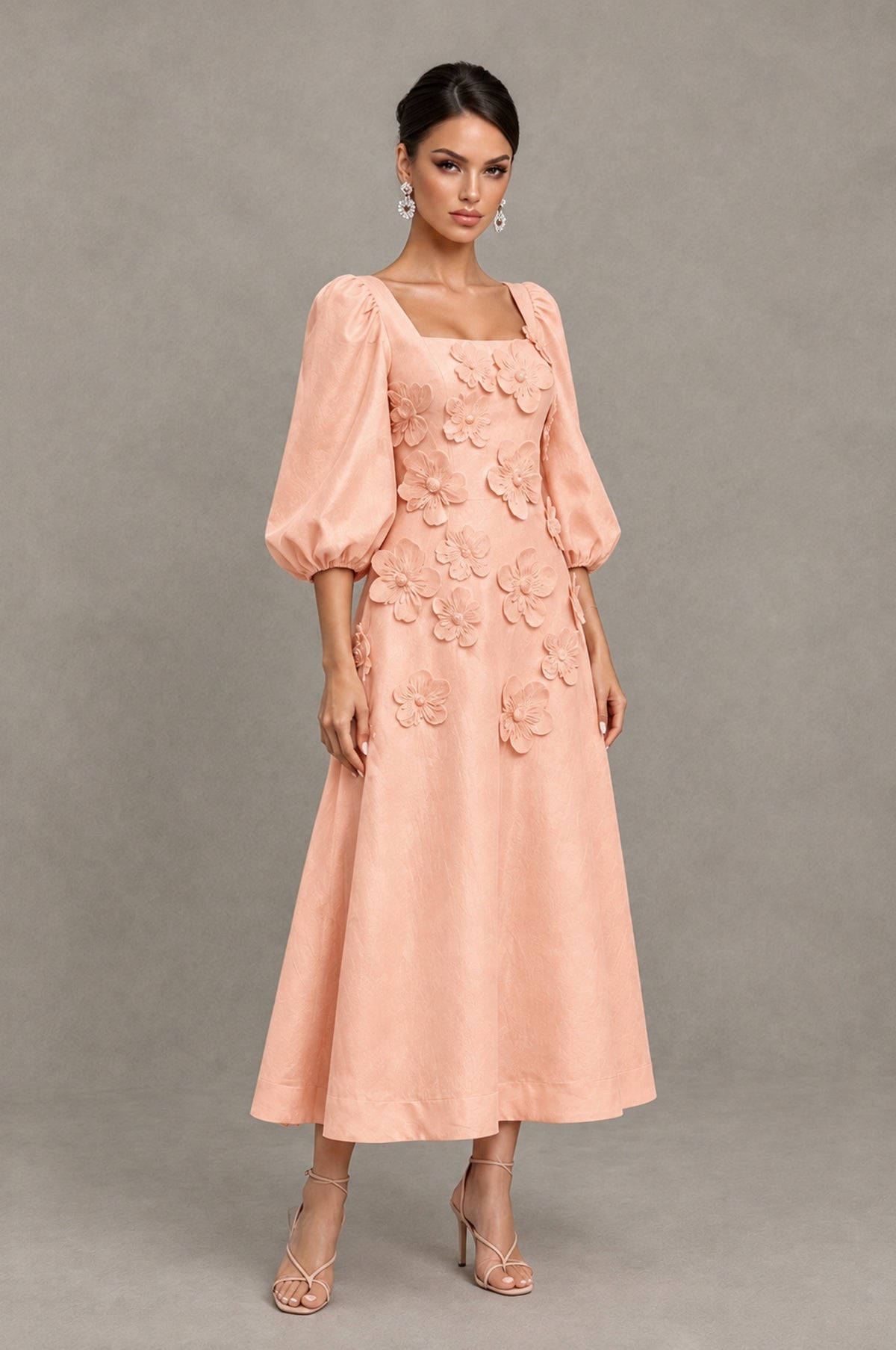 BOLODOO Peach 3D Floral Puff Sleeve Midi Cocktail Dress - Peach - Peach_3
