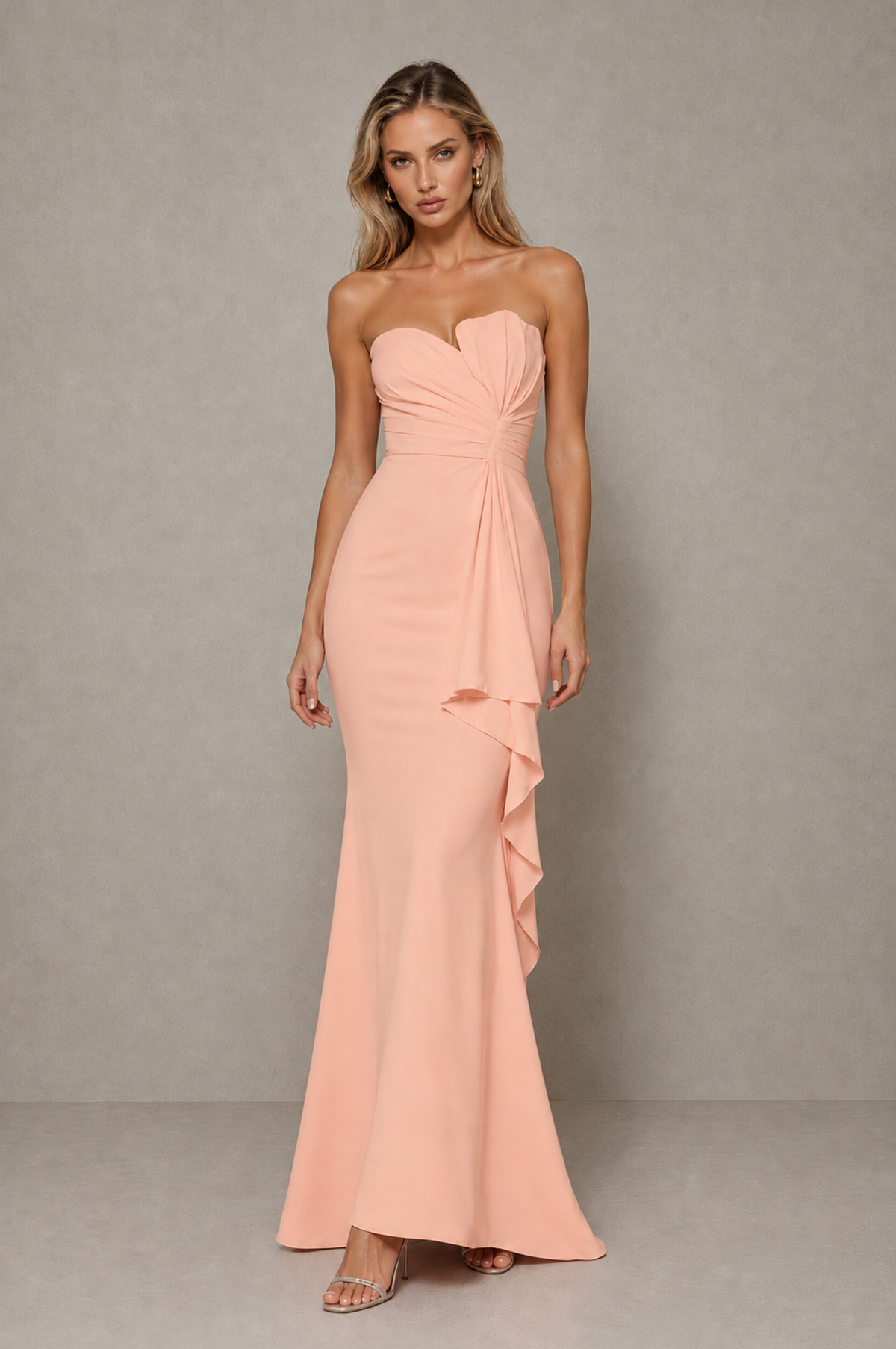 BOLODOO Peach Strapless Sweetheart Ruched Mermaid Gown | Cascade Drape Formal Evening Dress - Peach - Peach_3