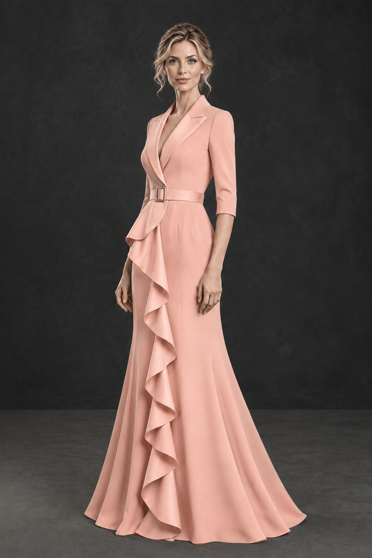 BOLODOO Peach Lapel Ruffle Mother of the Bride Dress with Belt - Peach - Peach_3