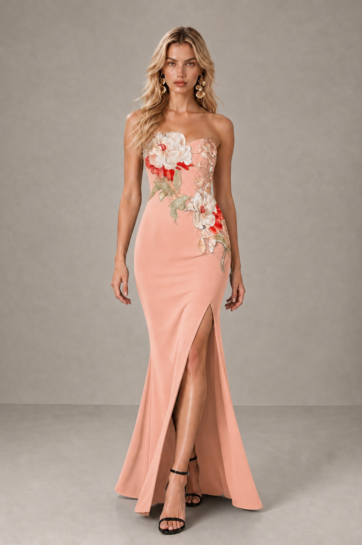 BOLODOO Peach Strapless Floral Mermaid Evening Dress with Slit - Peach - Peach_3