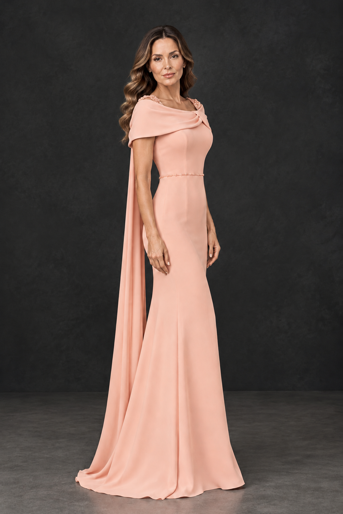 BOLODOO Peach Mother of the Bride Dress with Draped Cape Detail - Peach - Peach_3