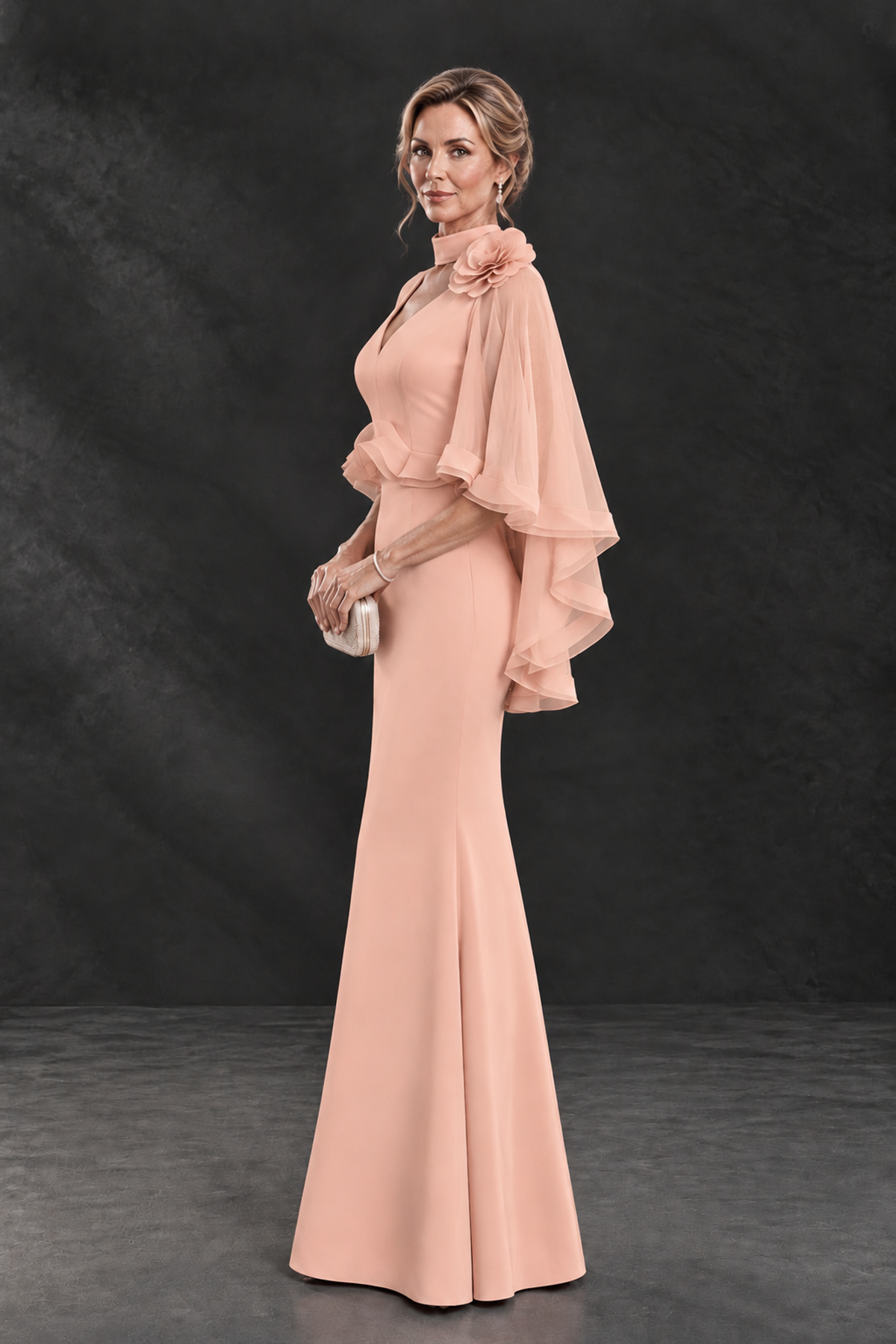 BOLODOO Peach Floral Cape Sleeve Mother of the Bride Dress - Peach - Peach_3