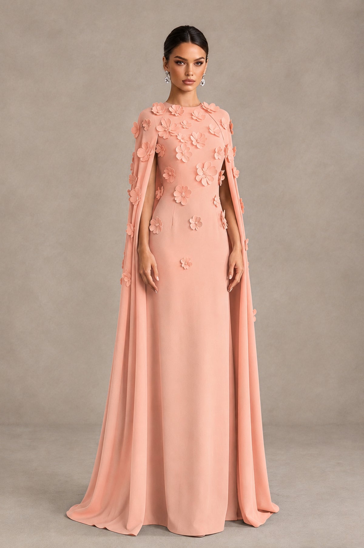 BOLODOO Peach 3D Floral Applique Cape Formal Dress - Peach - Peach_3