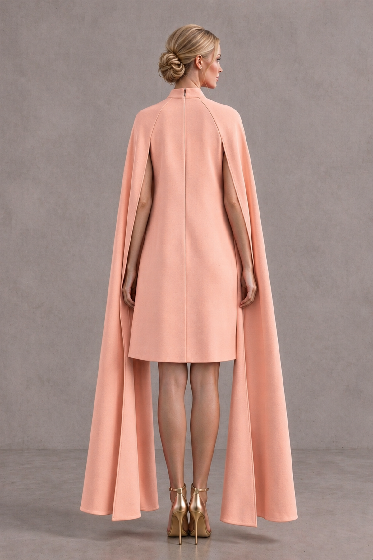 BOLODOO Peach High Neck Floral Cape Mini Cocktail Dress - Peach - Peach_3