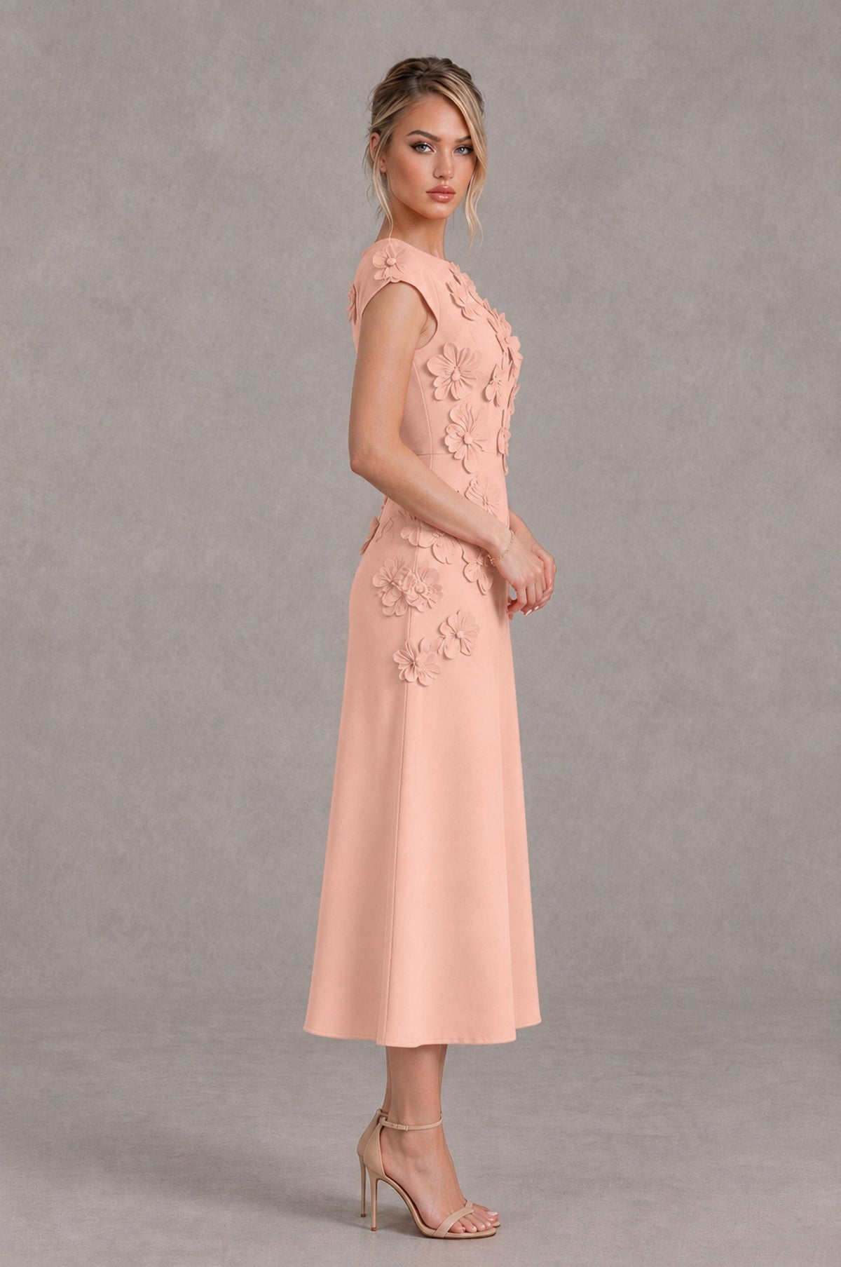 BOLODOO Peach 3D Floral Cap Sleeve Midi Cocktail Dress - Peach - Peach_3