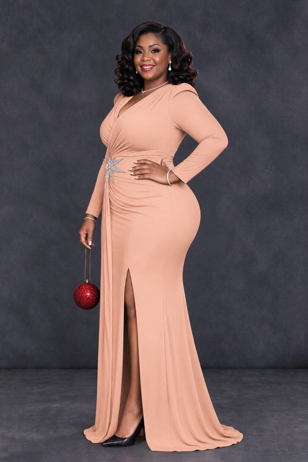 BOLODOO Peach Plus Size Long Sleeve V-Neck Mother of the Bride Dress with Slit - Peach - Peach_3
