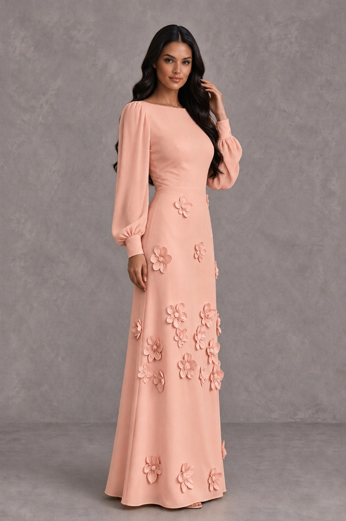 BOLODOO Peach Long Sleeve Floral Applique A-Line Evening Dress - Peach - Peach_4