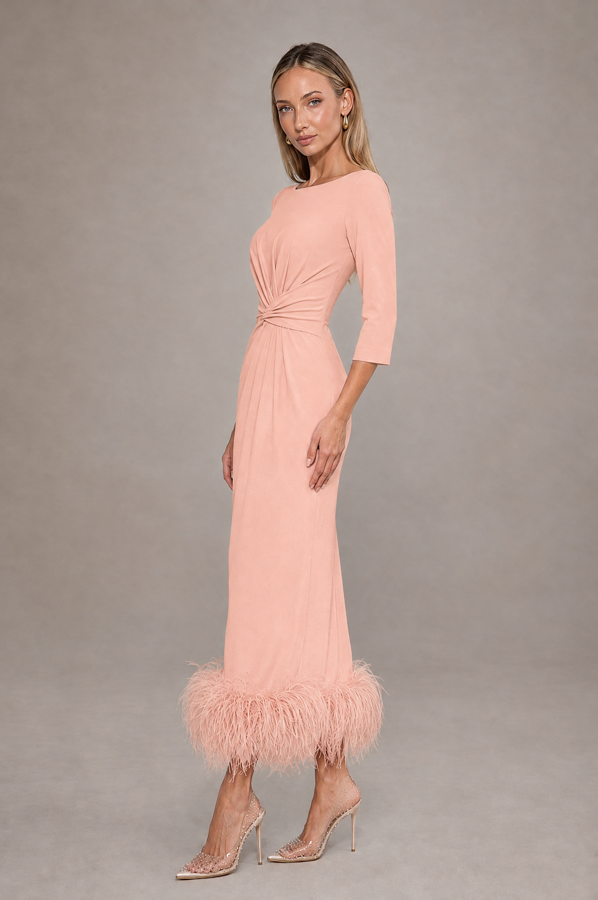BOLODOO Peach Feather-Trim Twist-Waist Midi Dress - Peach - Peach_4