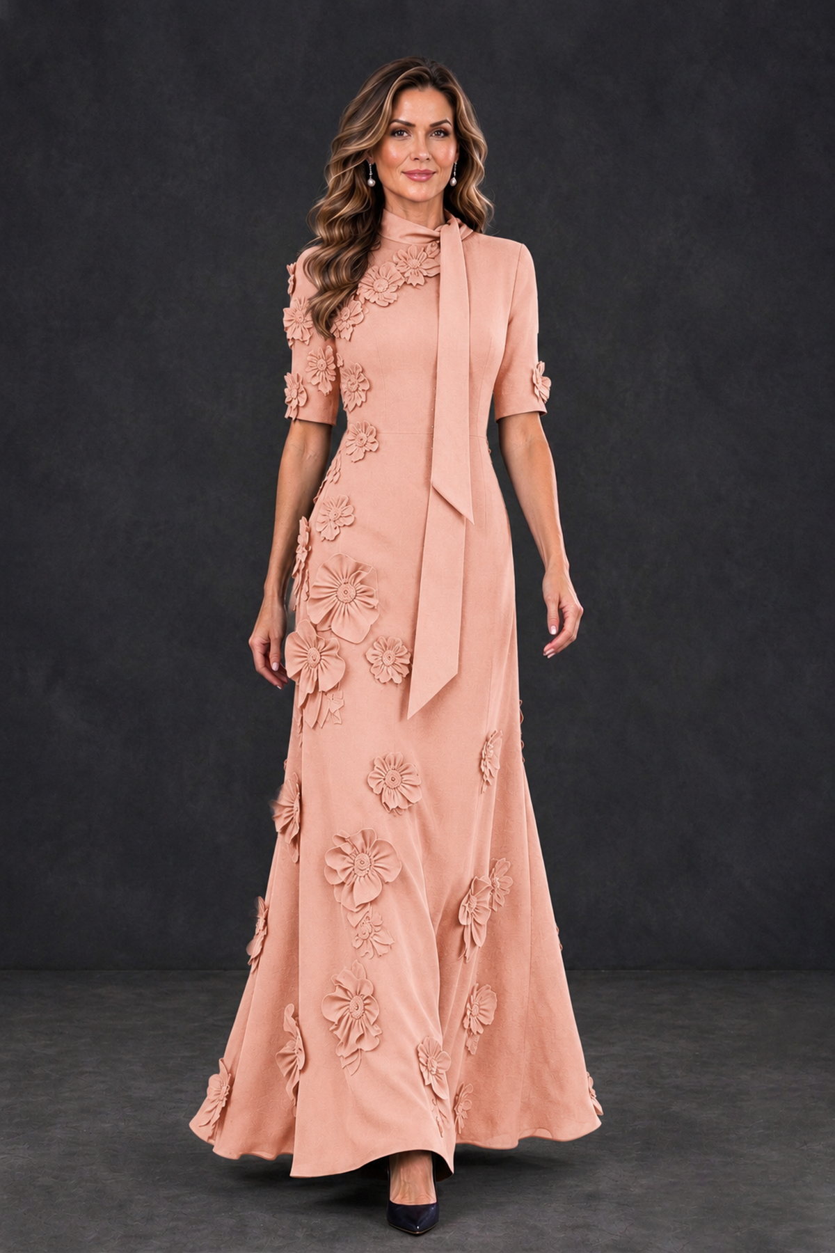 BOLODOO Peach Floral Applique High-Neck Half-Sleeve Gown - Peach - Peach_4