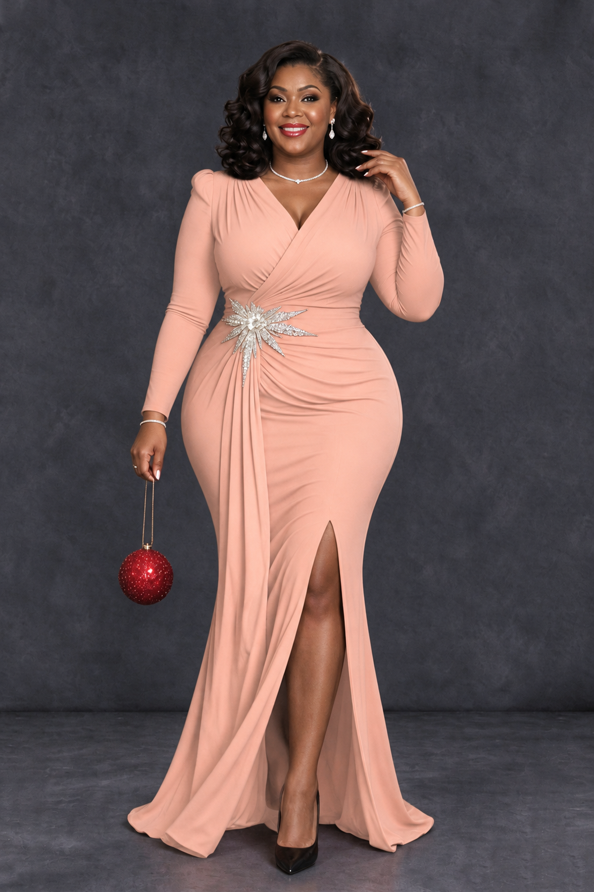 BOLODOO Peach Plus Size Long Sleeve V-Neck Mother of the Bride Dress with Slit - Peach - Peach_4