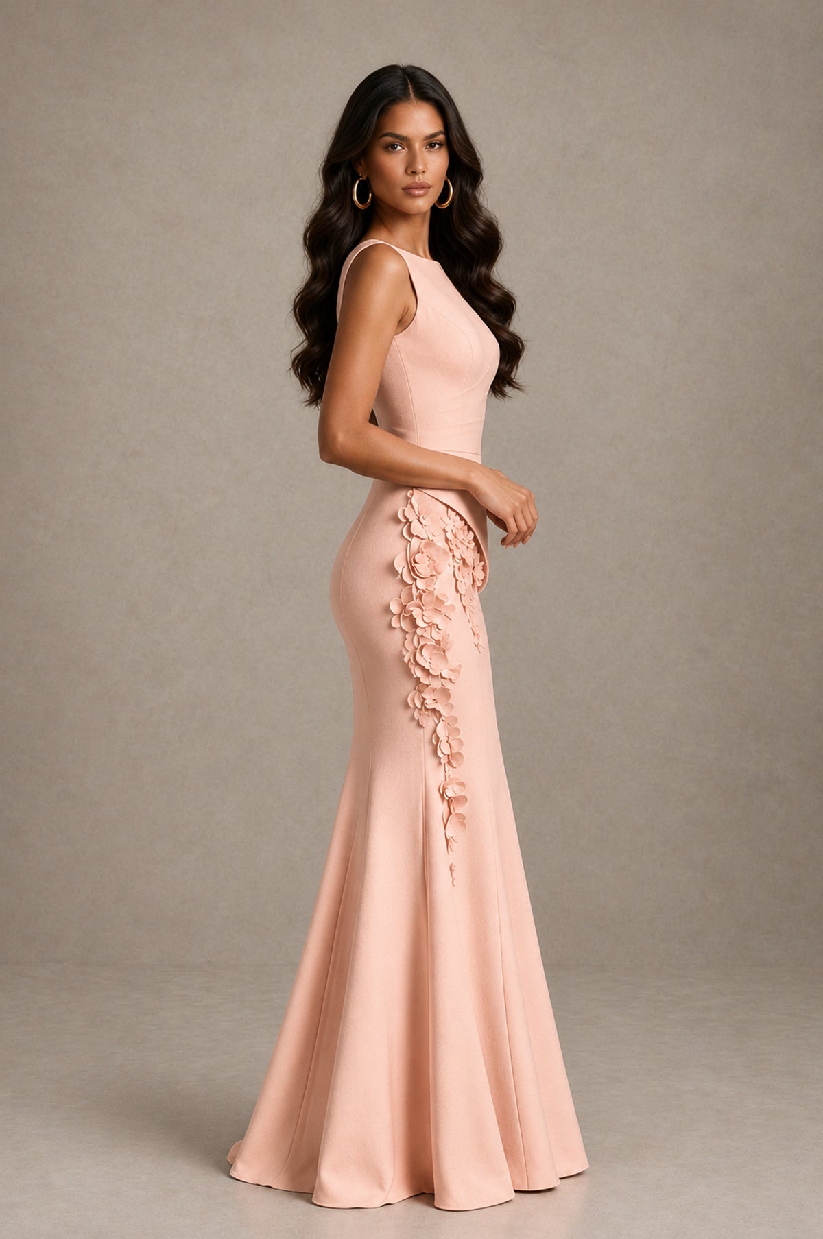 BOLODOO Peach Bateau Neck Sleeveless Asymmetric Peplum 3D Petal Appliqué Mermaid Gown BD0421 - Peach - Peach_4