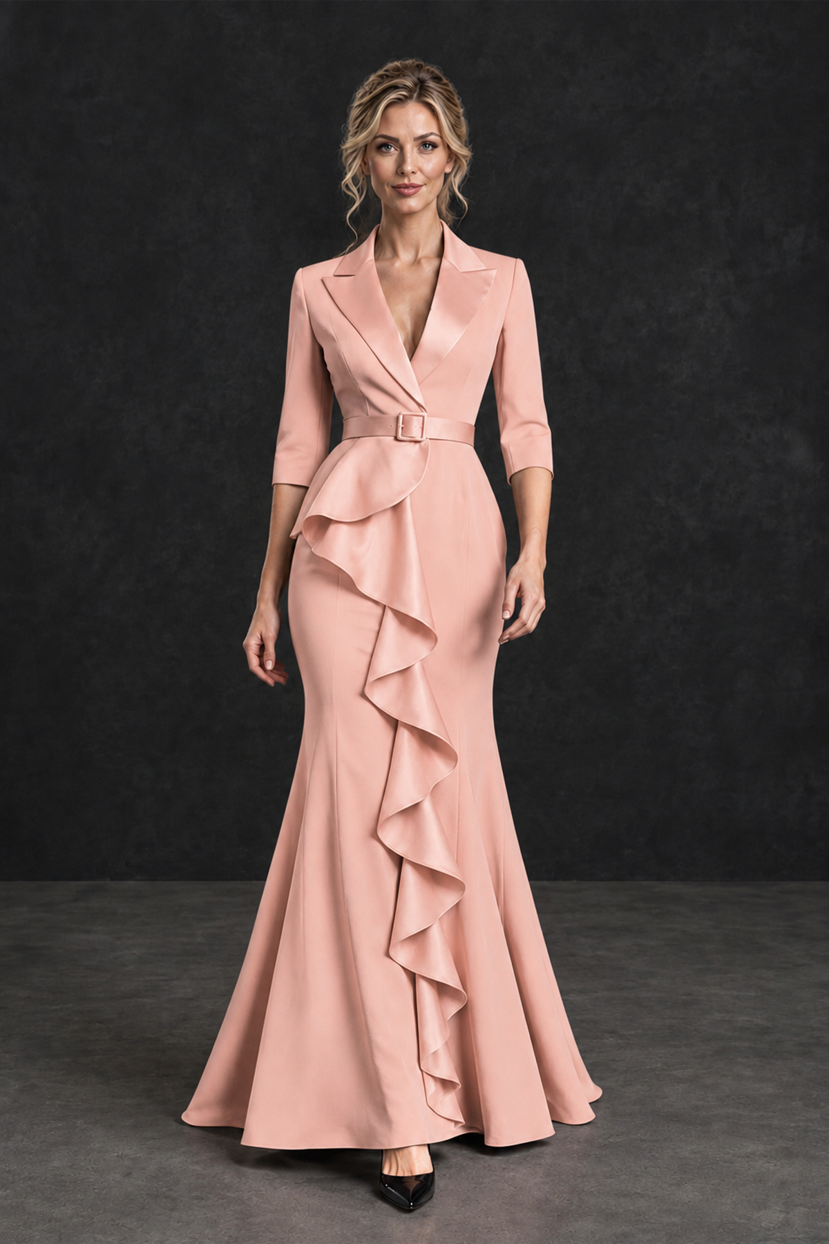 BOLODOO Peach Lapel Ruffle Mother of the Bride Dress with Belt - Peach - Peach_4