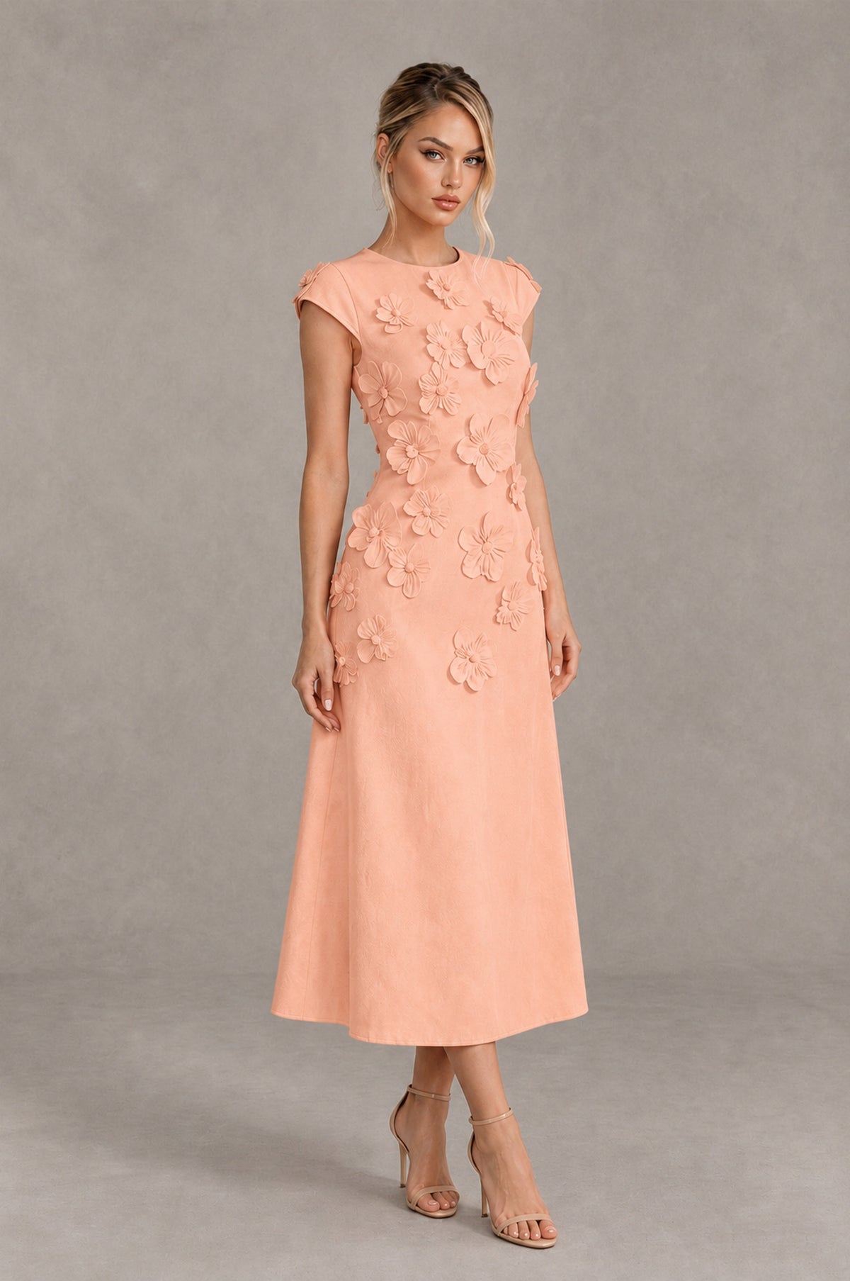 BOLODOO Peach 3D Floral Cap Sleeve Midi Cocktail Dress - Peach - Peach_4