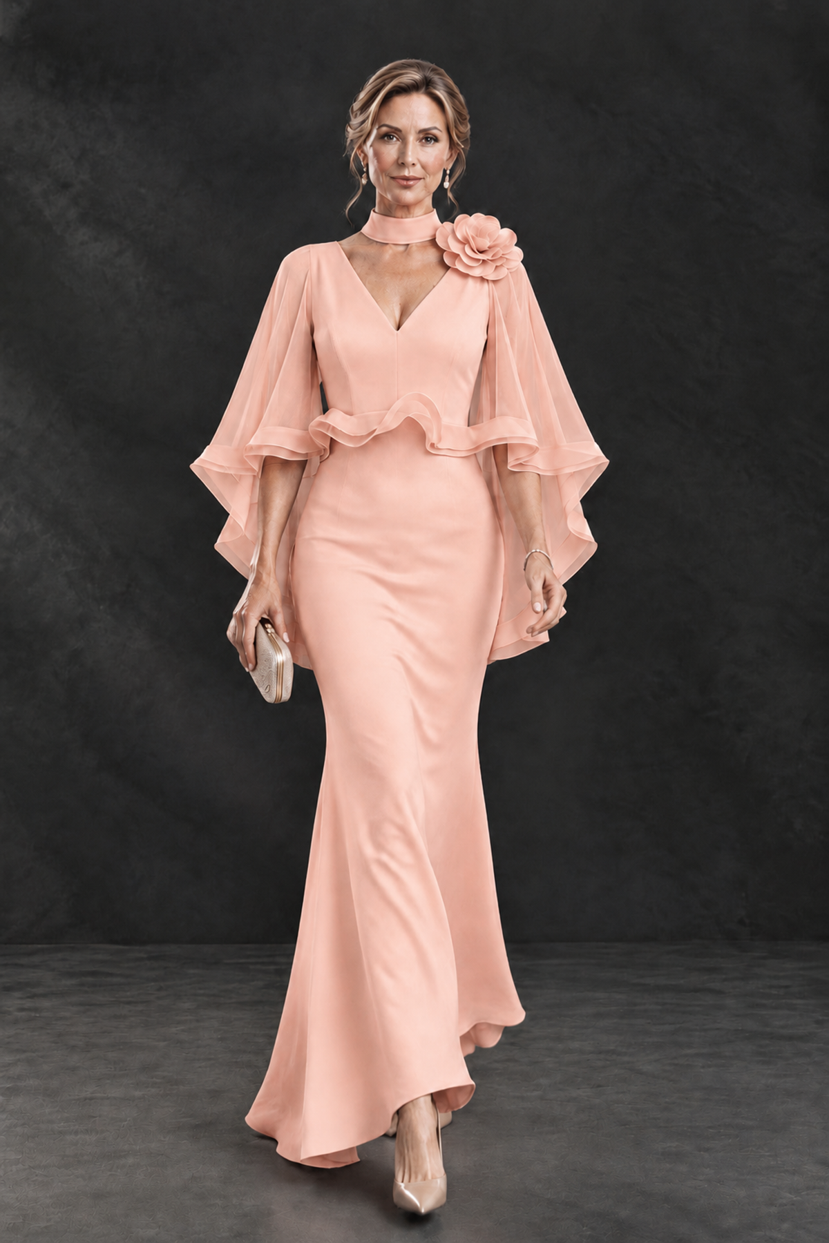 BOLODOO Peach Floral Cape Sleeve Mother of the Bride Dress - Peach - Peach_4