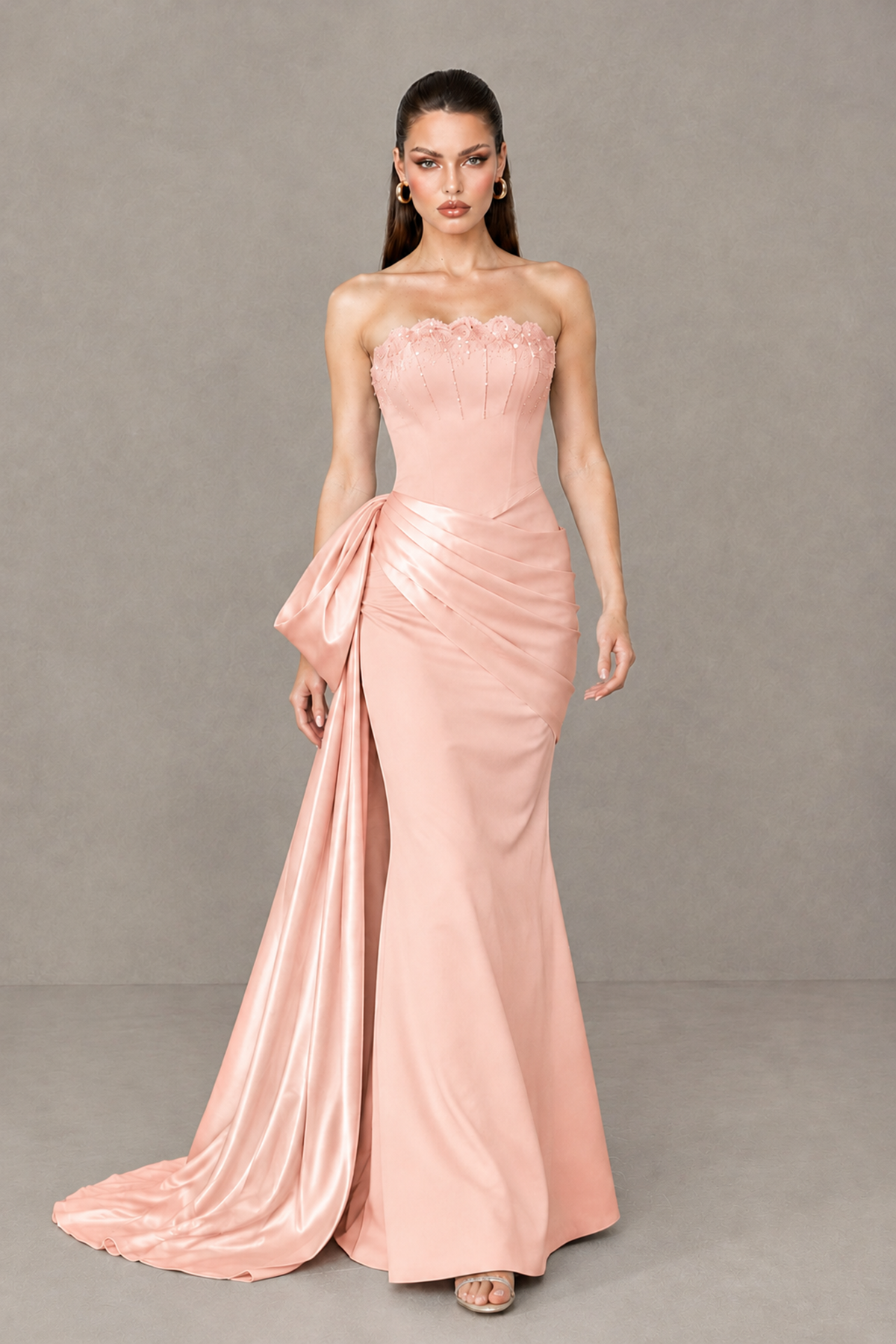 BOLODOO Peach Strapless Satin Prom Dress with Draped Side Train - Peach - Peach_4