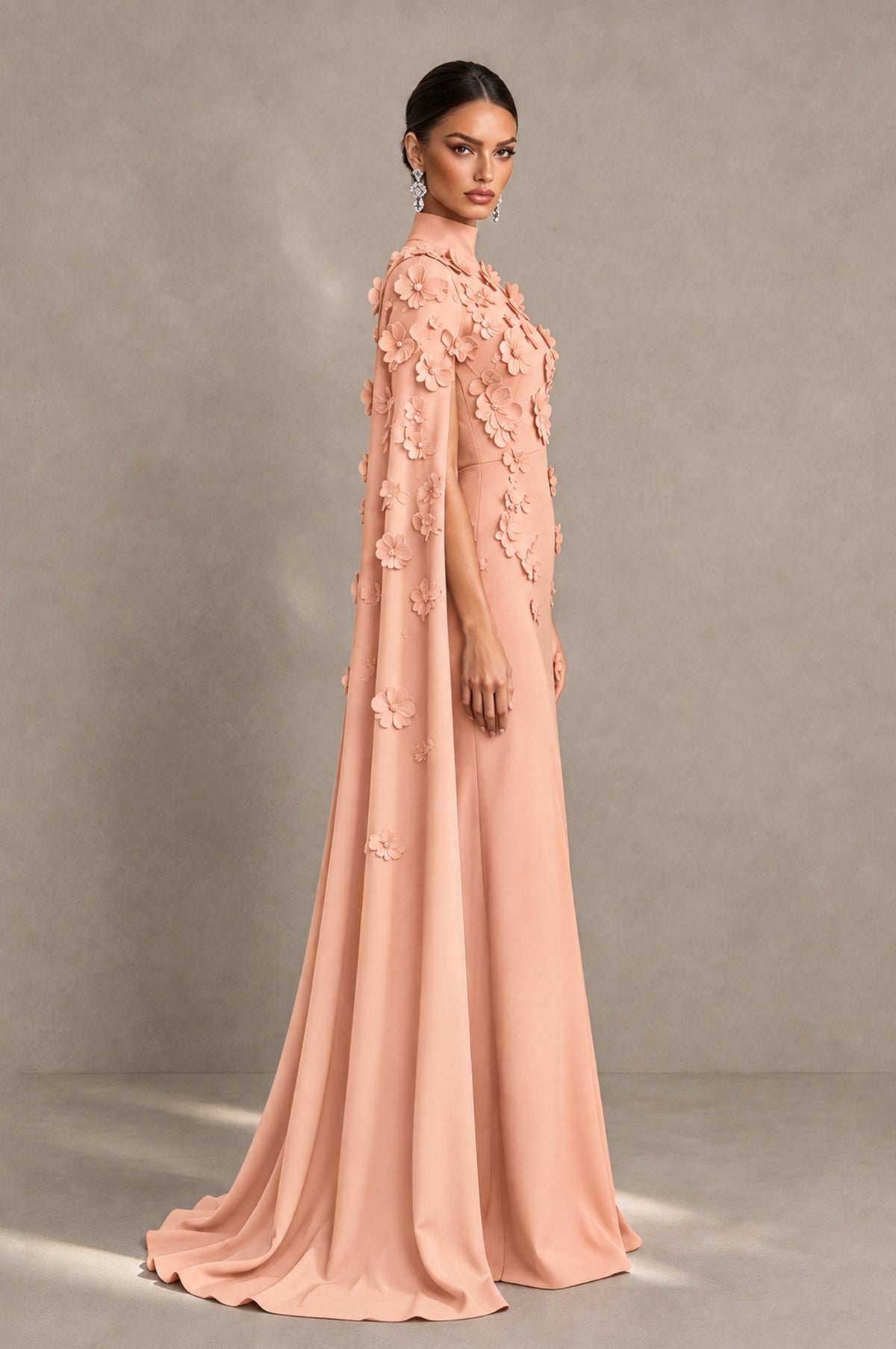 BOLODOO Peach 3D Floral Applique Cape Formal Dress - Peach - Peach_4
