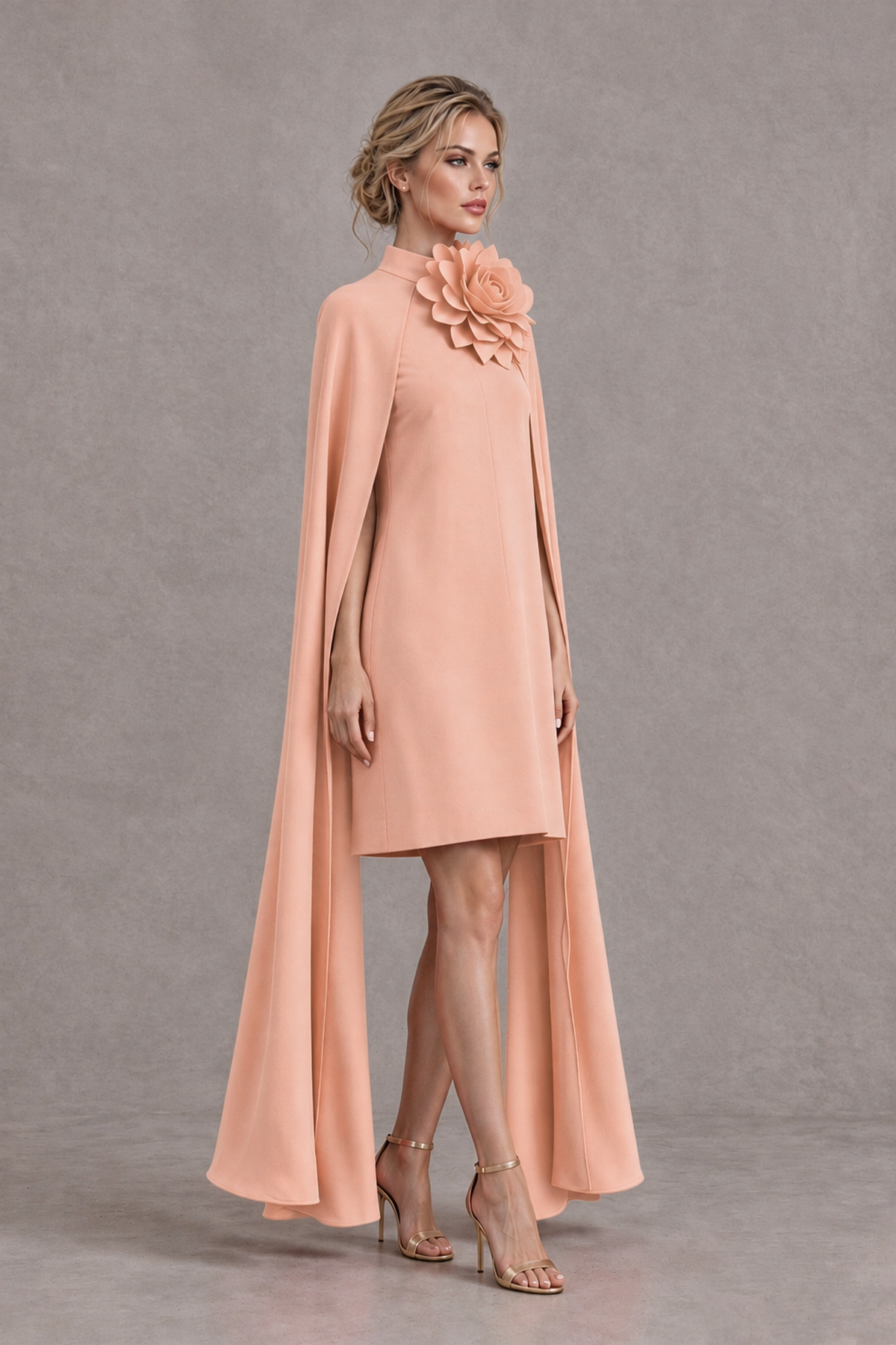 BOLODOO Peach High Neck Floral Cape Mini Cocktail Dress - Peach - Peach_4