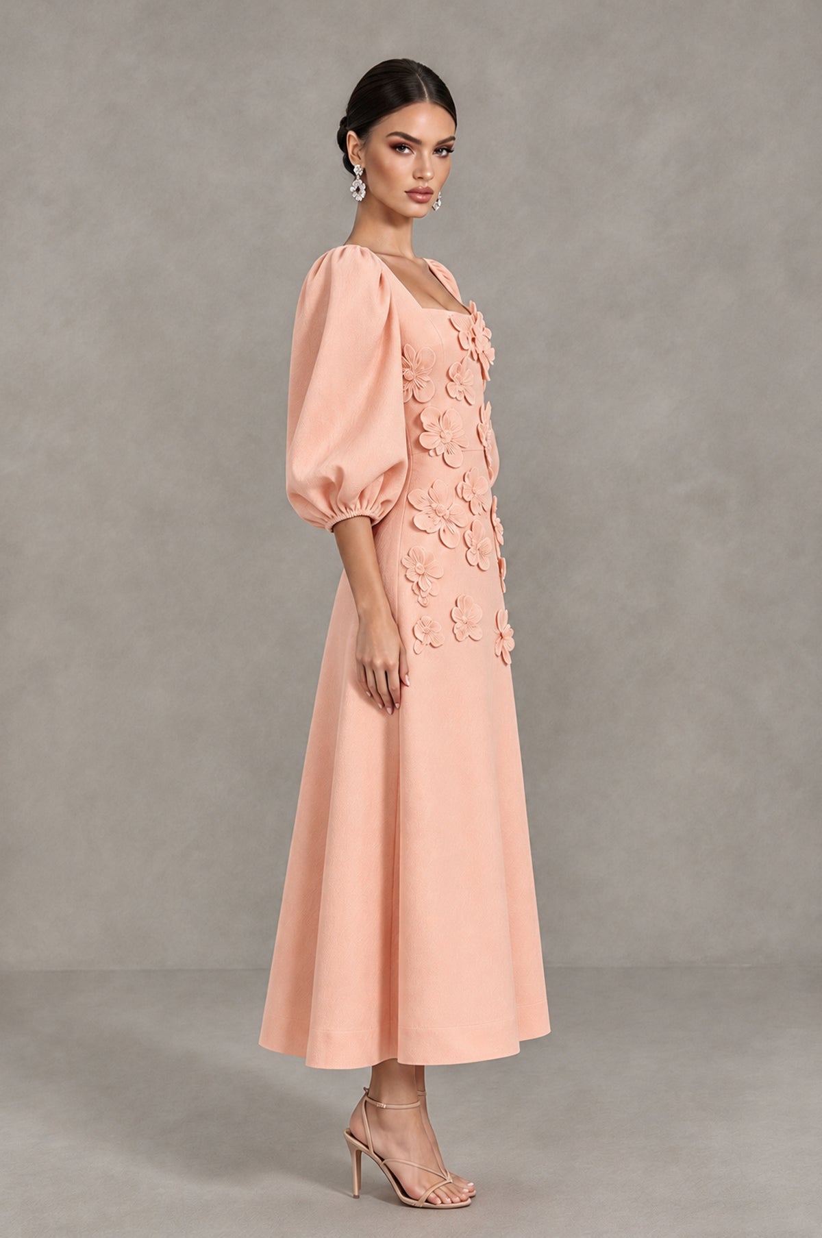 BOLODOO Peach 3D Floral Puff Sleeve Midi Cocktail Dress - Peach - Peach_4