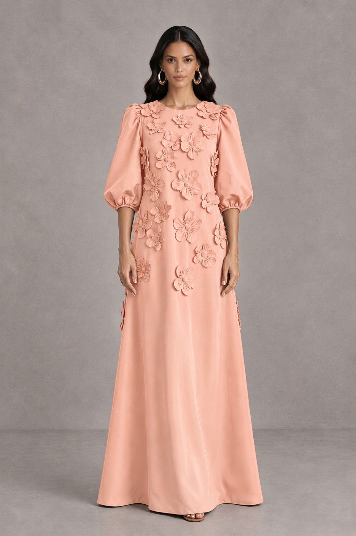 BOLODOO Peach Floral Applique Puff Sleeve A-Line Evening Dress - Peach - Peach (1)