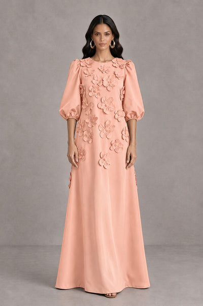 BOLODOO Peach Floral Applique Puff Sleeve A-Line Evening Dress - Peach - Peach (1)